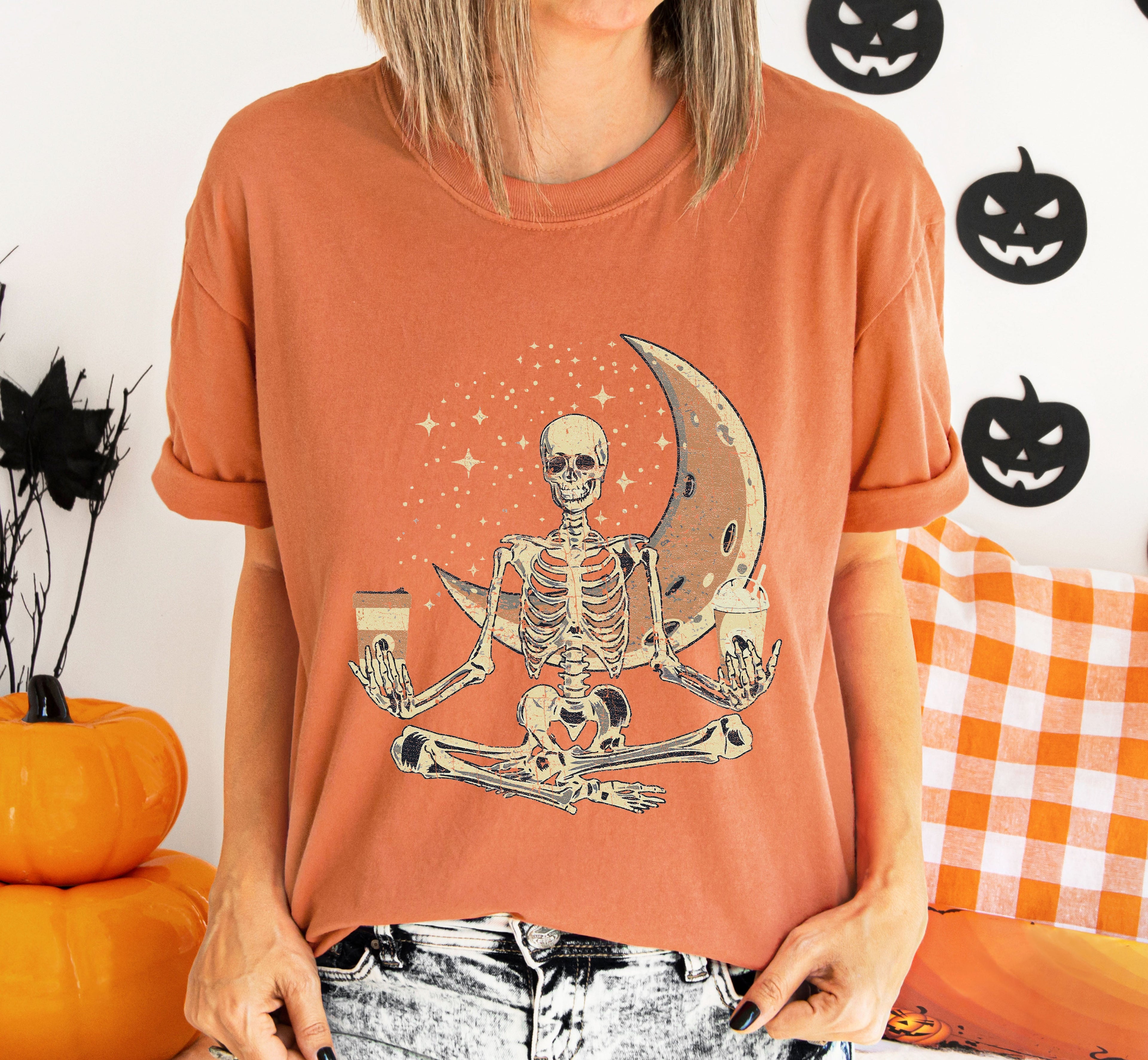Skeleton Yoga Coffee Moon Retro Aesthetic Vintage Art Print Collection Comfort Colors Tee