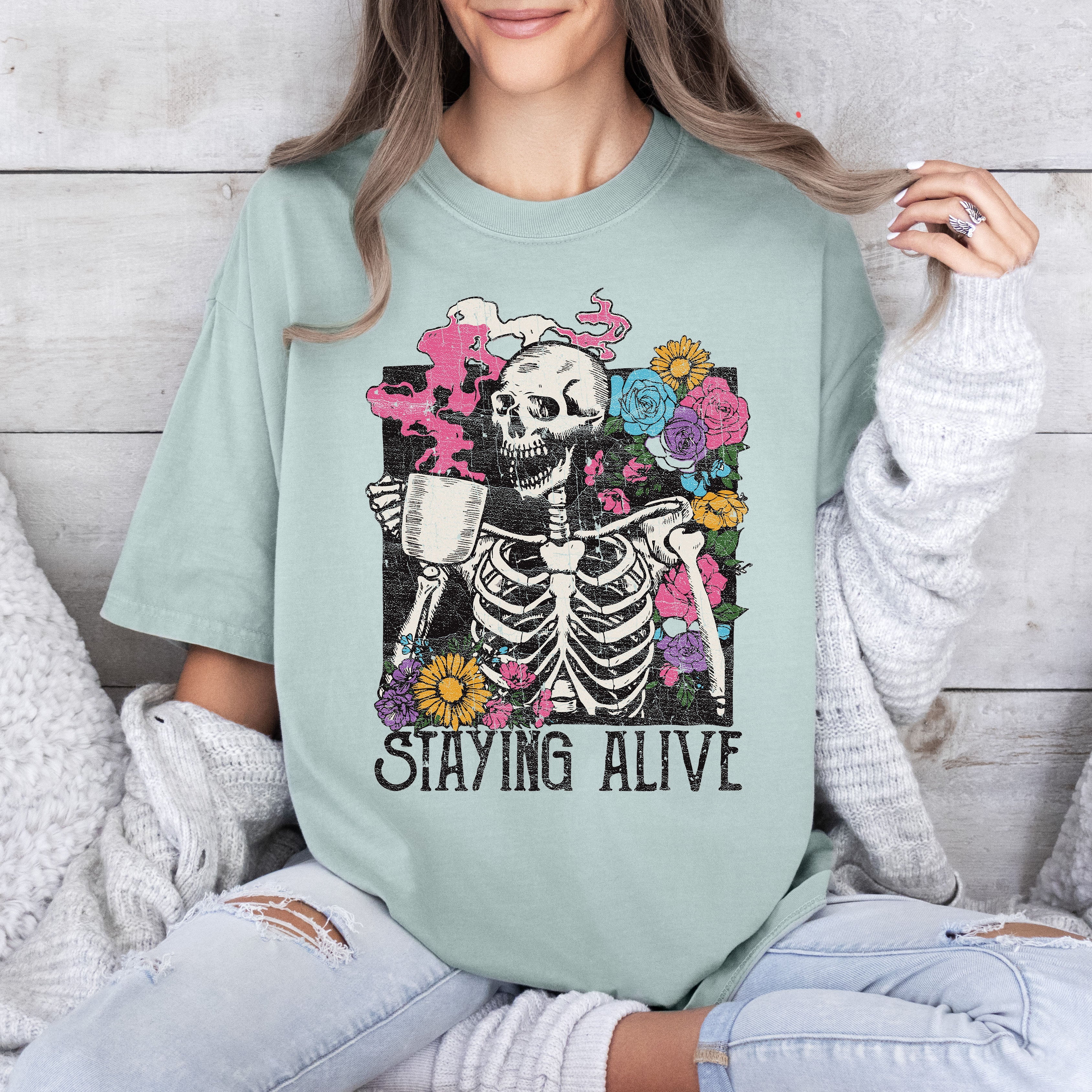 Staying Alive Floral Skeleton Mom Retro Vintage Artwork Print Comfort Colors Tee
