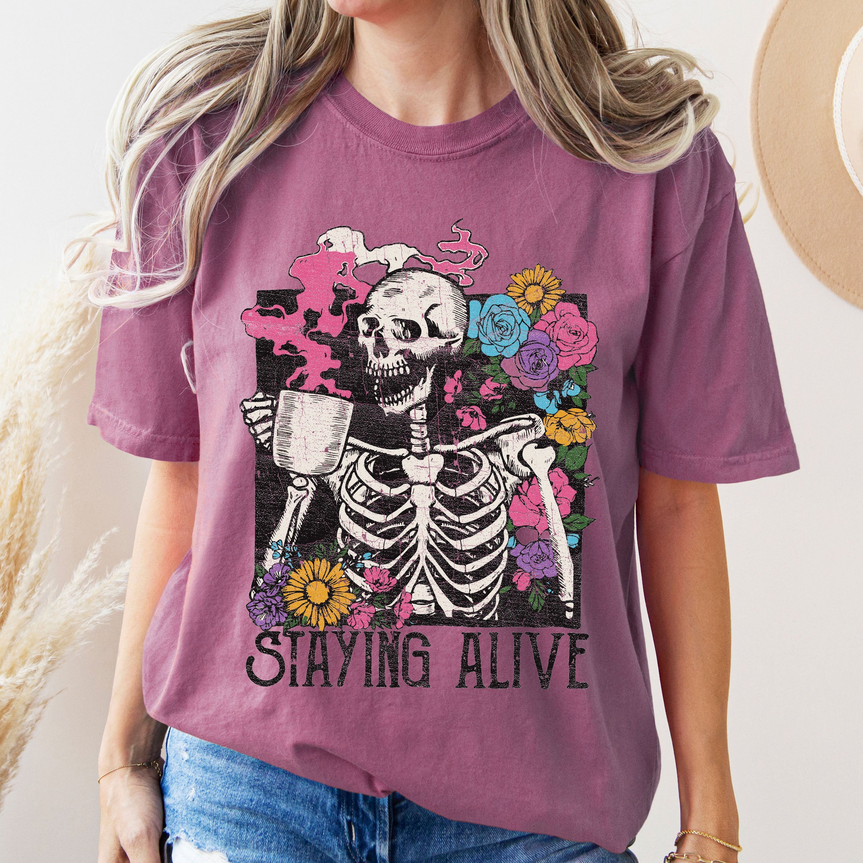 Staying Alive Floral Skeleton Mom Retro Vintage Artwork Print Comfort Colors Tee