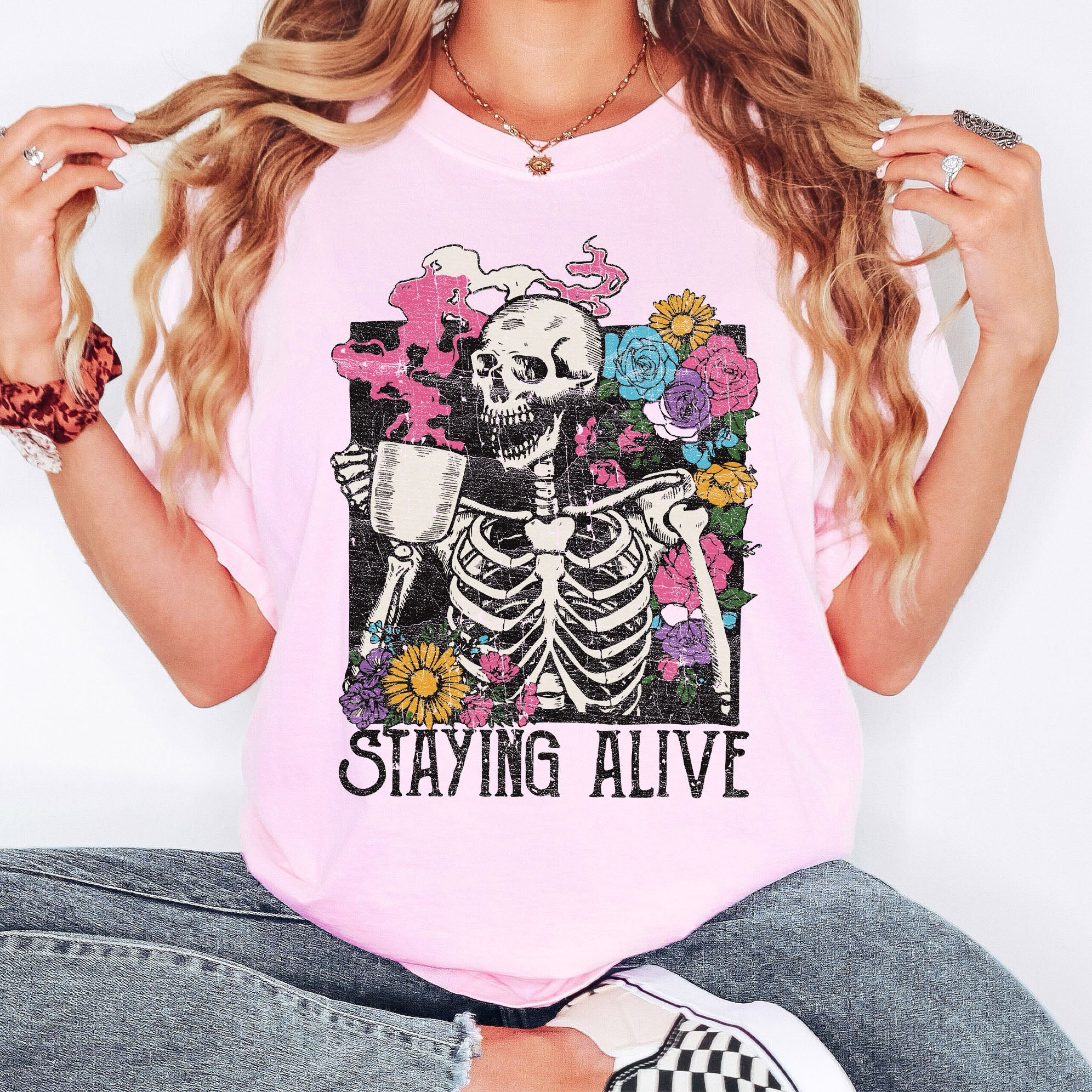Staying Alive Floral Skeleton Mom Retro Vintage Artwork Print Comfort Colors Tee