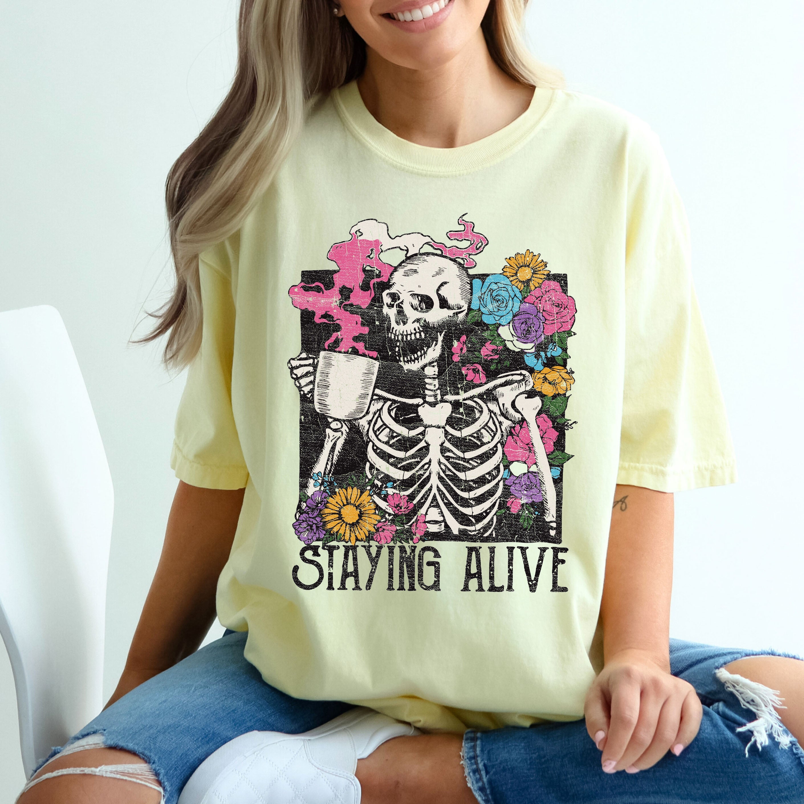 Staying Alive Floral Skeleton Mom Retro Vintage Artwork Print Comfort Colors Tee