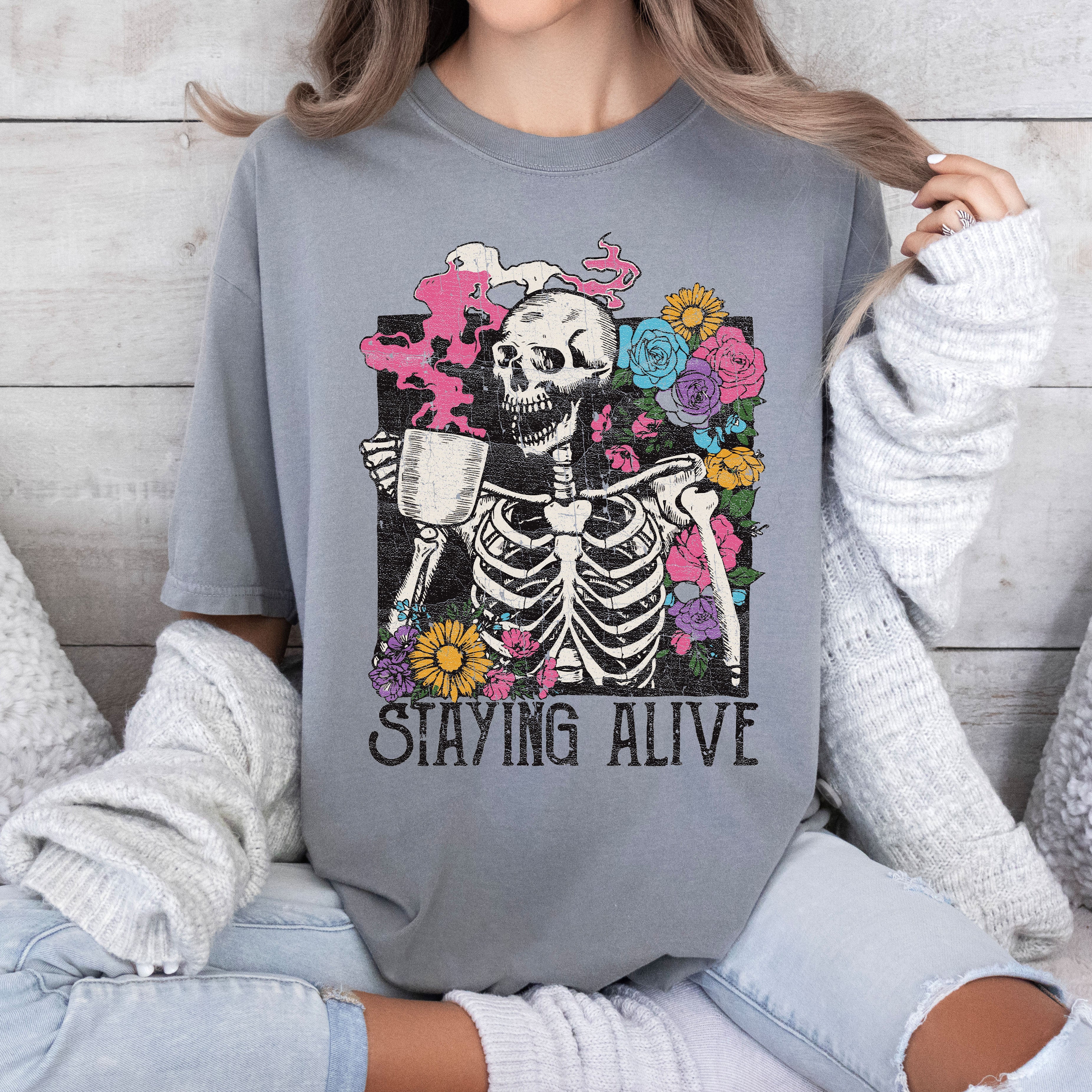 Staying Alive Floral Skeleton Mom Retro Vintage Artwork Print Comfort Colors Tee