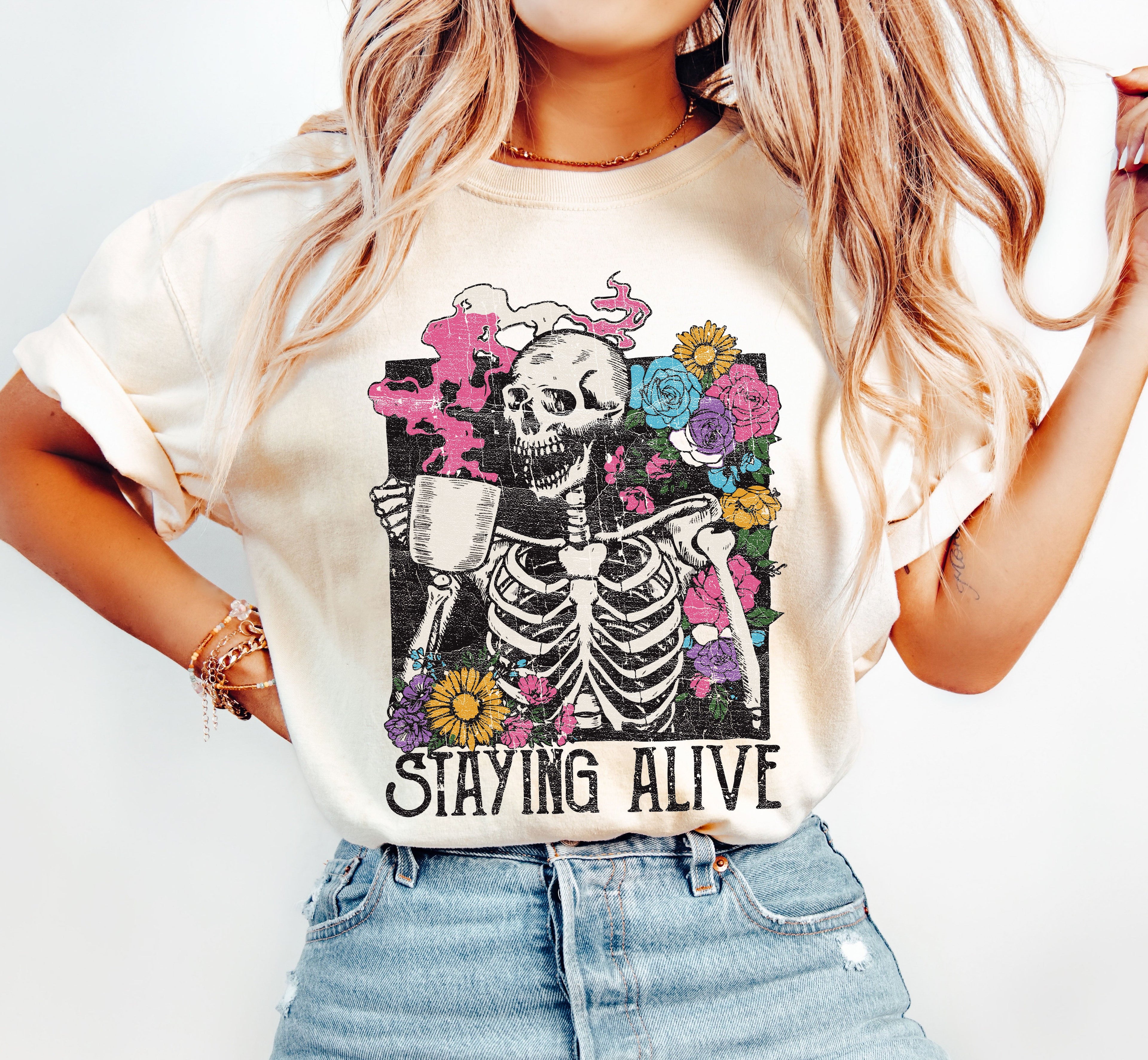 Staying Alive Floral Skeleton Mom Retro Vintage Artwork Print Comfort Colors Tee