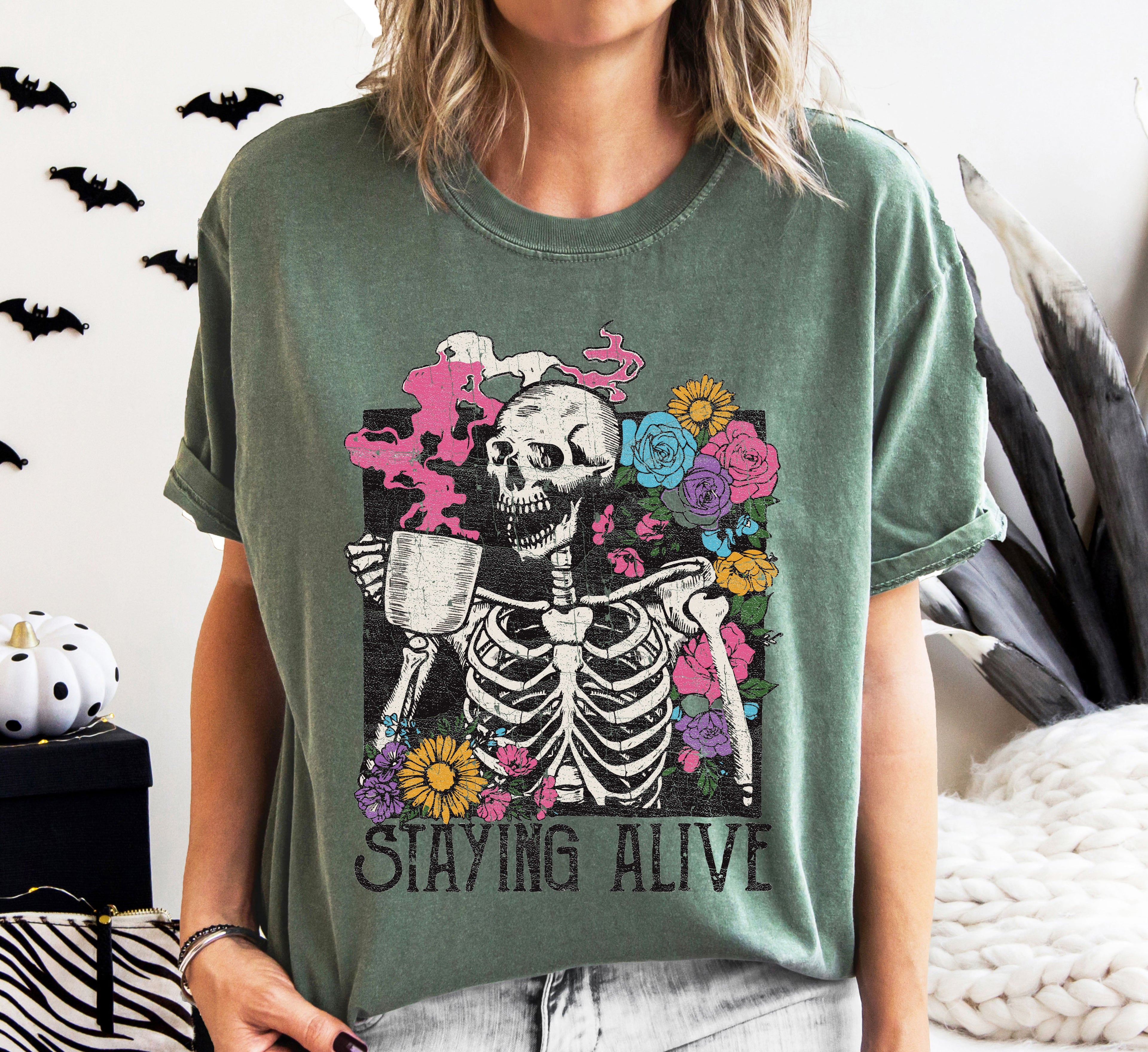 Staying Alive Floral Skeleton Mom Retro Vintage Artwork Print Comfort Colors Tee