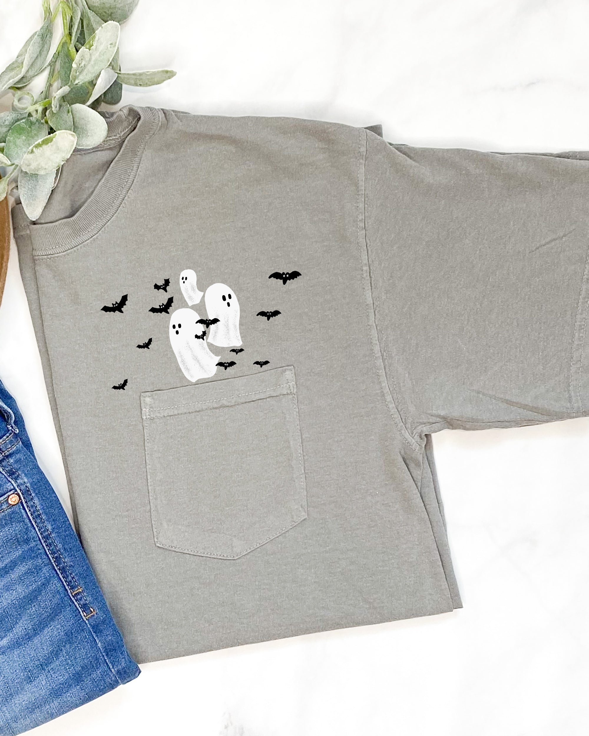Flying Ghosts and Bats Halloween Costume Pocket Print Graphic Comfort Colors Tee