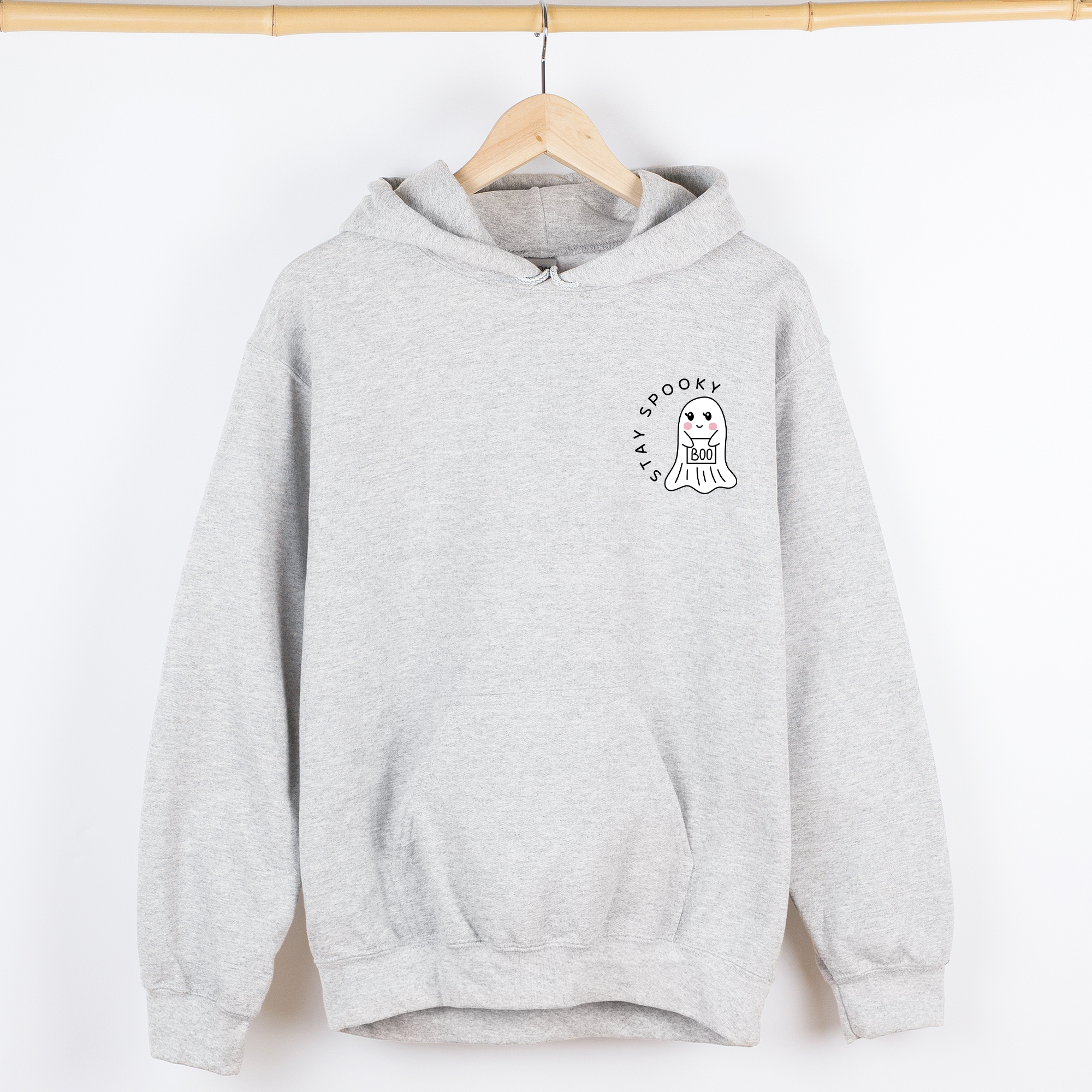 Stay Spooky Ghost Halloween Pocket Checkered Cozy Autumn Vibe Nightlife Graphic Hoodie