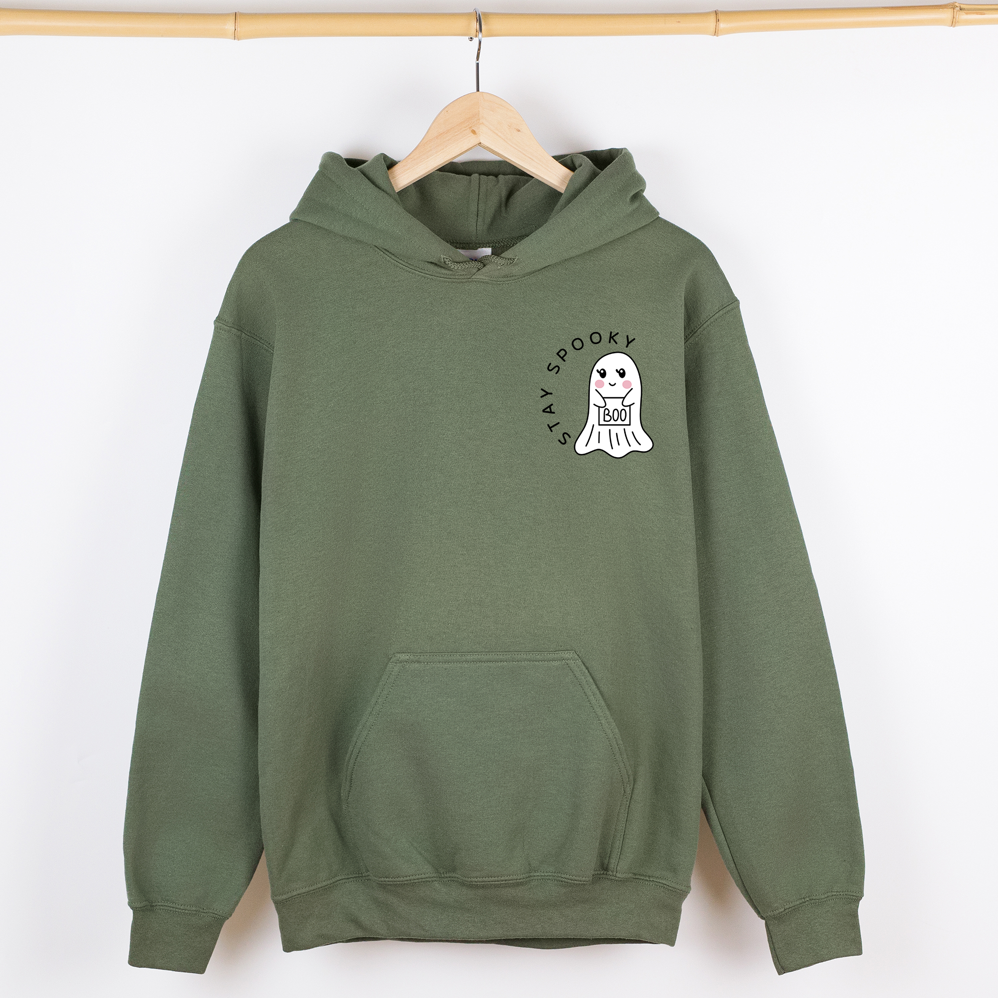 Stay Spooky Ghost Halloween Pocket Checkered Cozy Autumn Vibe Nightlife Graphic Hoodie