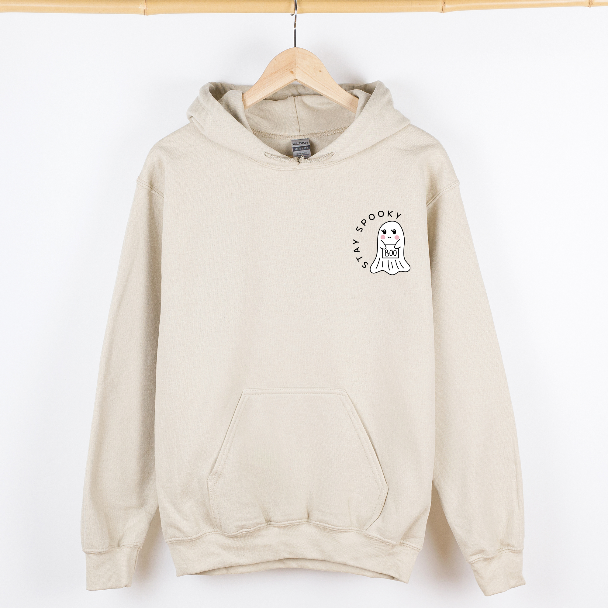 Stay Spooky Ghost Halloween Pocket Checkered Cozy Autumn Vibe Nightlife Graphic Hoodie