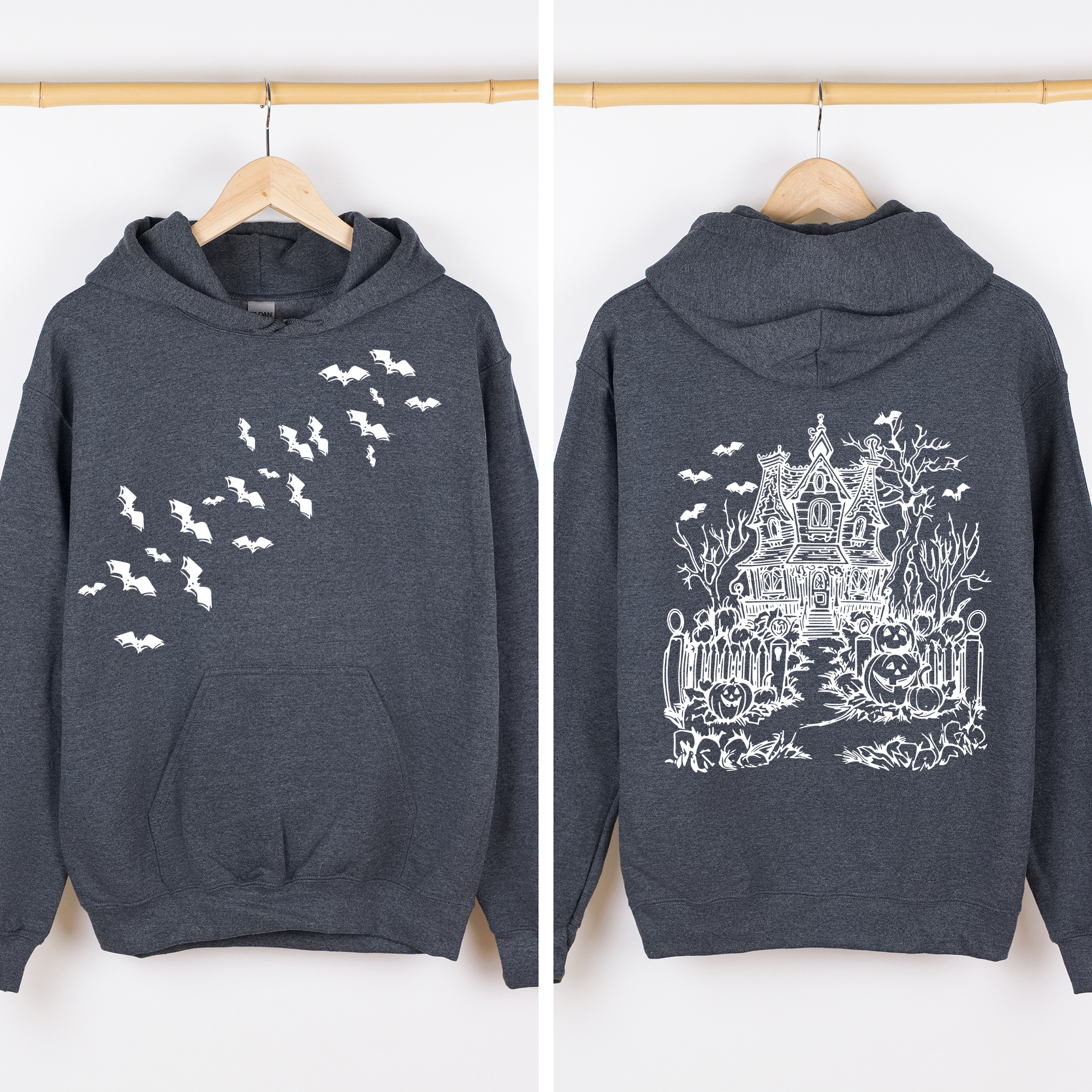 Haunted House Front And Back Halloween Retro Bats Witches Skeleton Jack O Lanterns Graphic Hoodie