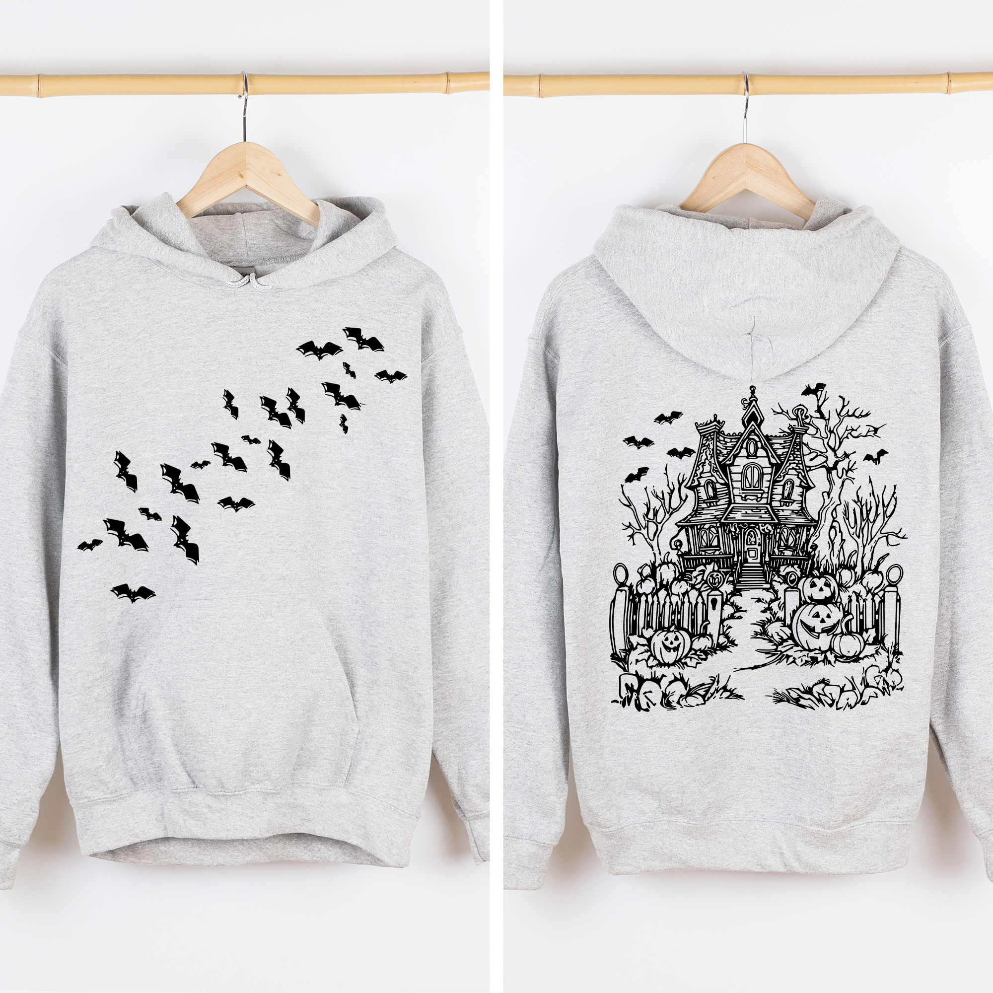 Haunted House Front And Back Halloween Retro Bats Witches Skeleton Jack O Lanterns Graphic Hoodie