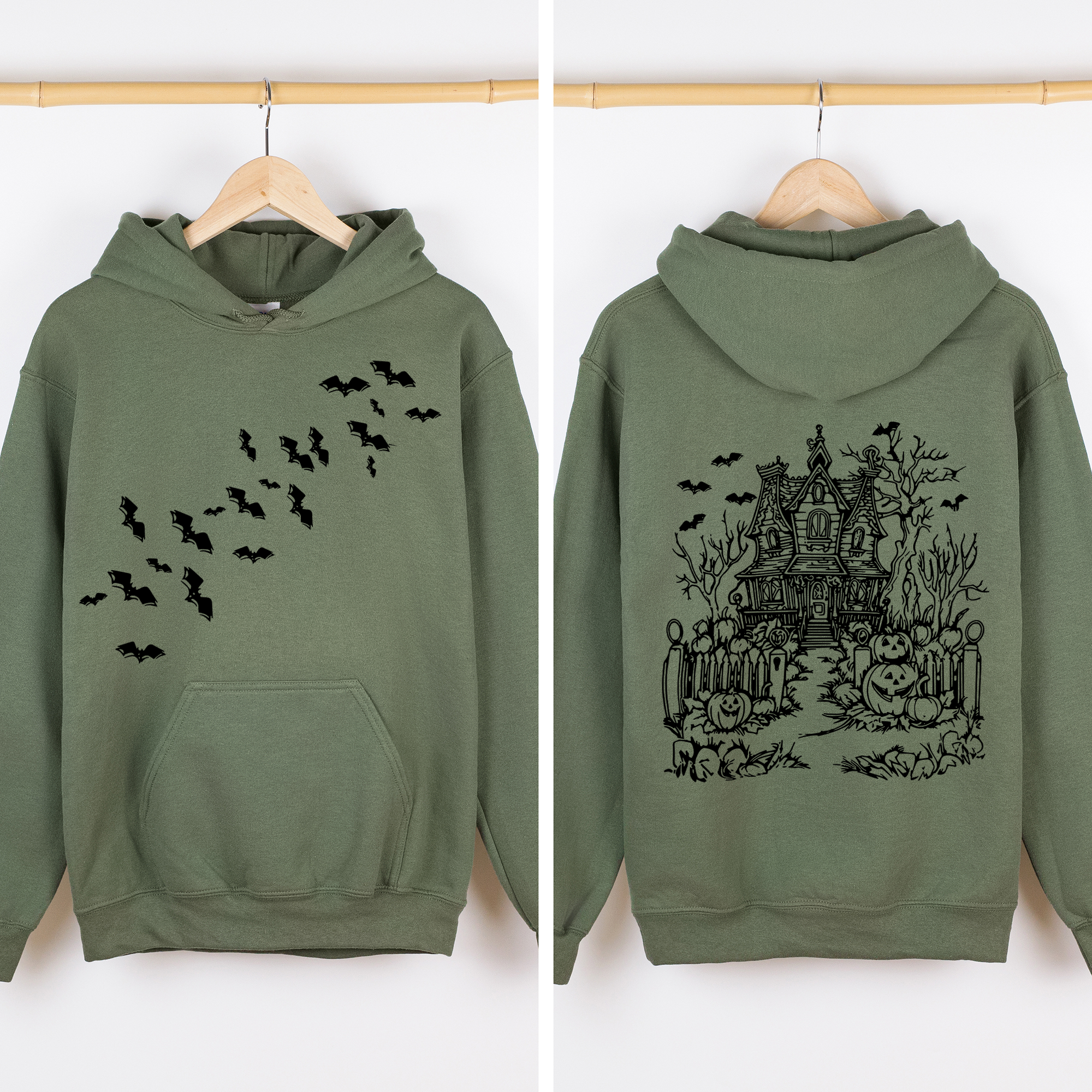 Haunted House Front And Back Halloween Retro Bats Witches Skeleton Jack O Lanterns Graphic Hoodie