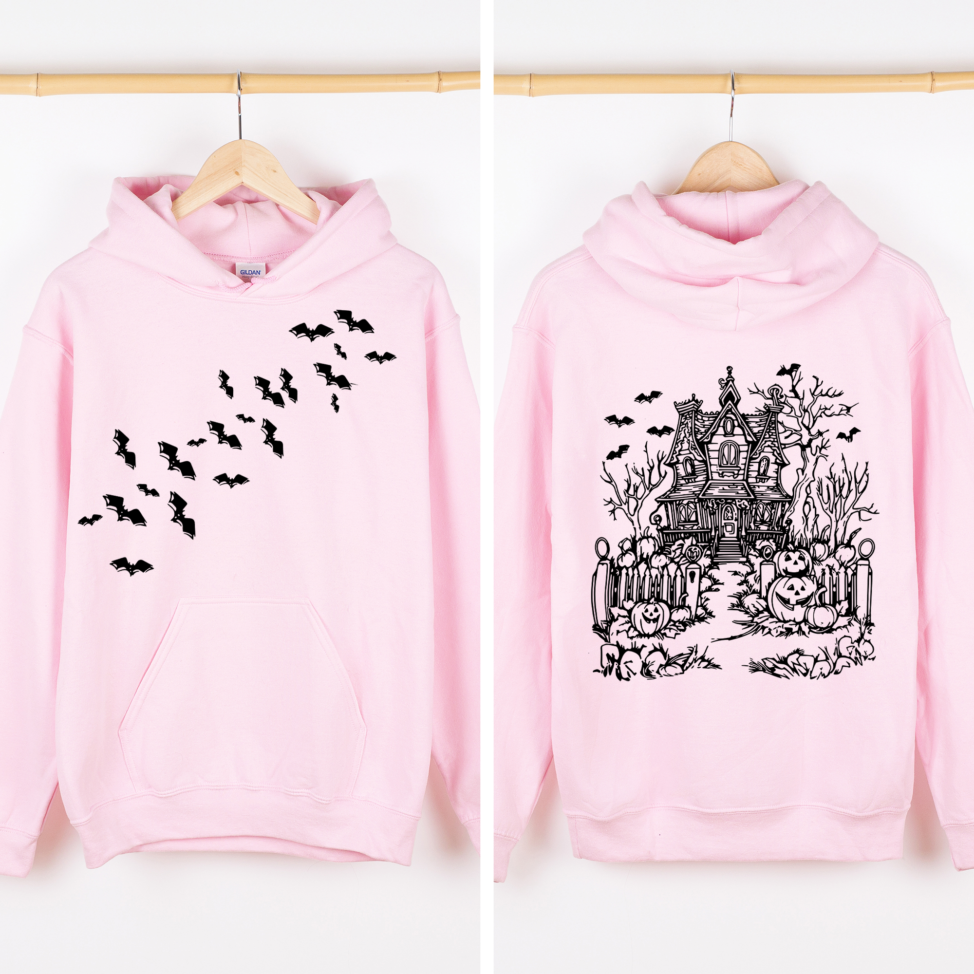 Haunted House Front And Back Halloween Retro Bats Witches Skeleton Jack O Lanterns Graphic Hoodie