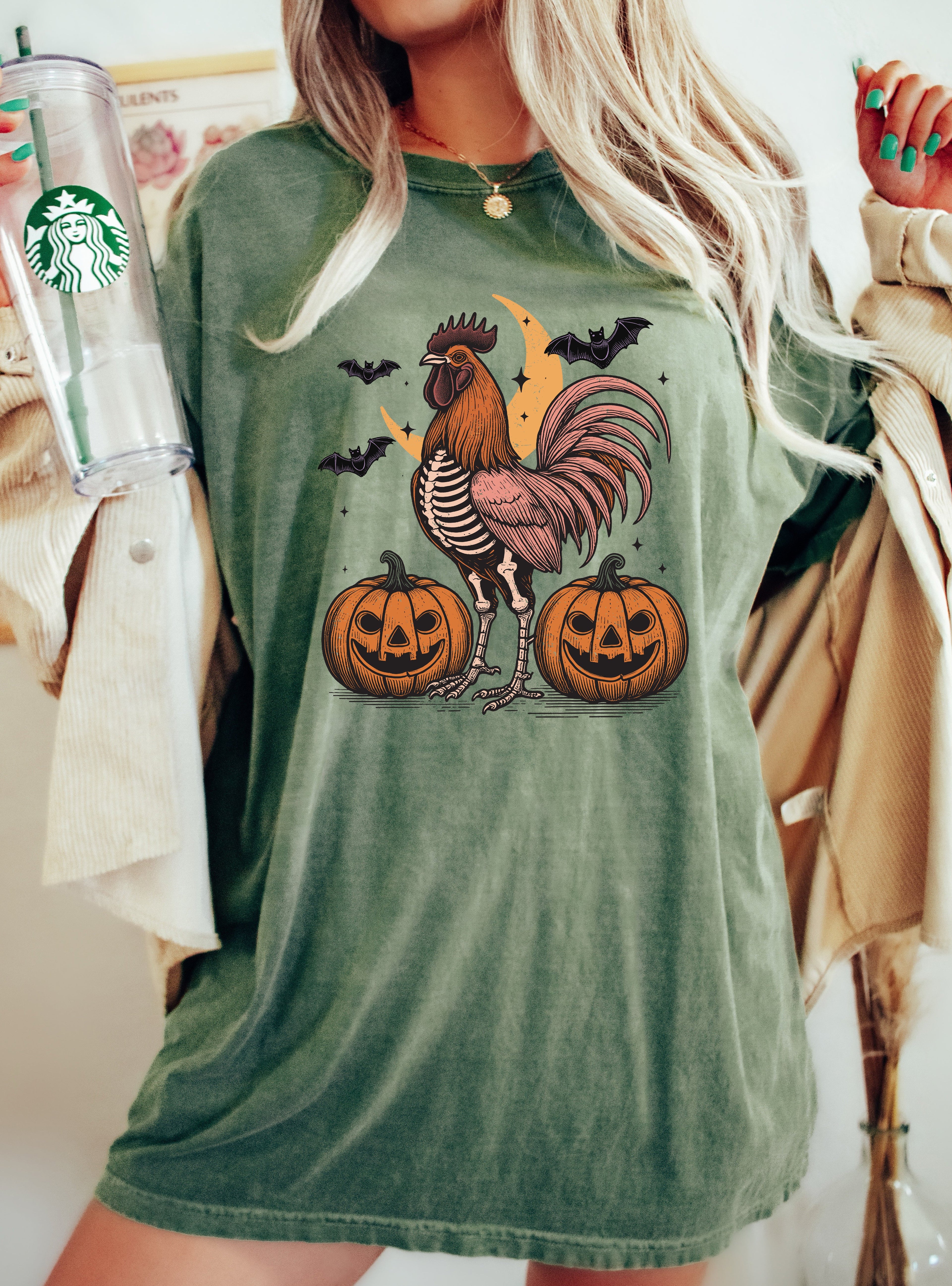 Rooster Vintage Farm Animal Lover Ghost Western Witch Meme Halloween Comfort Colors Tee