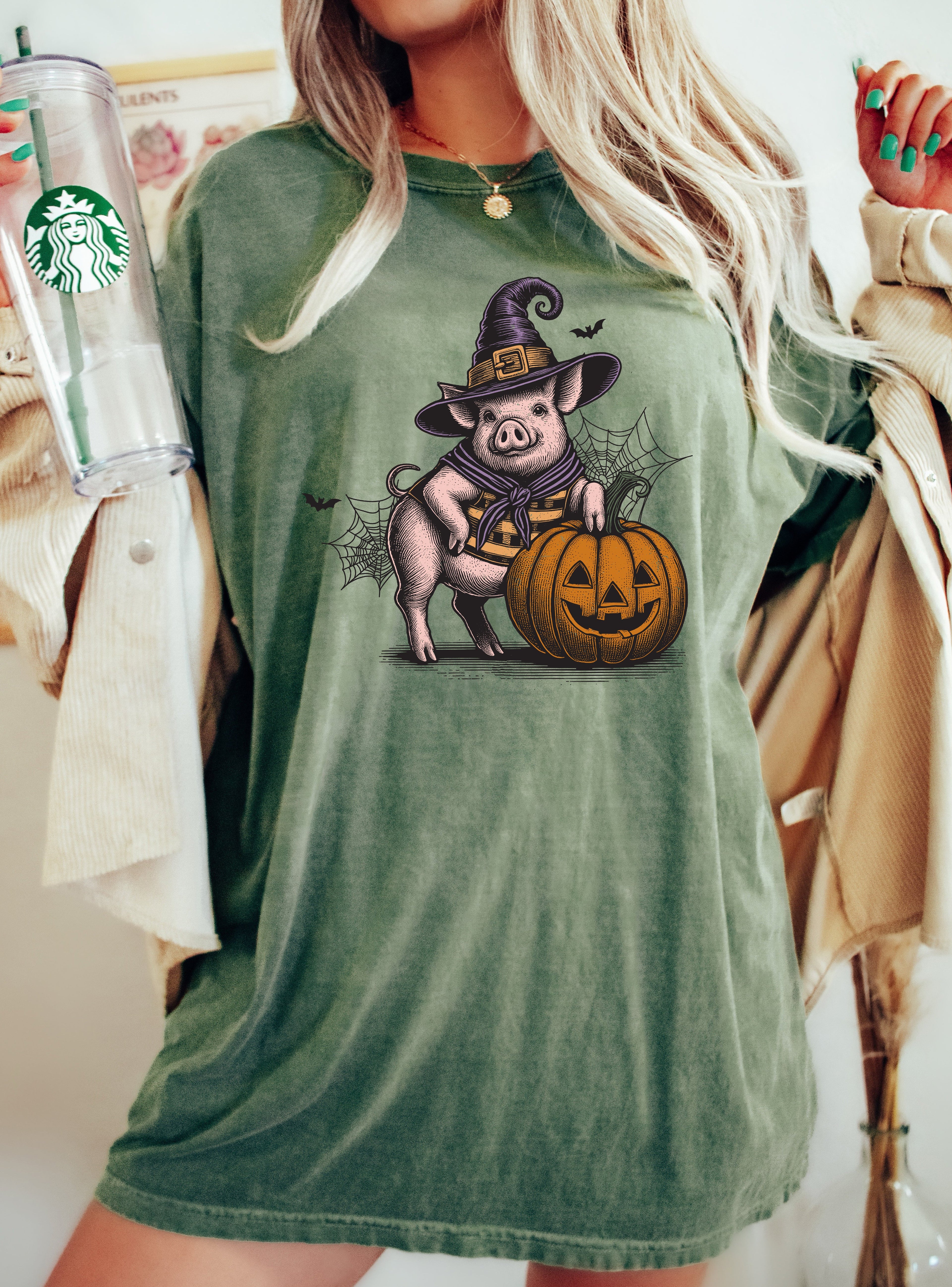Pig Lover Vintage Farm Ghost Witch Halloween Costume Meme Pop Culture Comfort Colors Tee