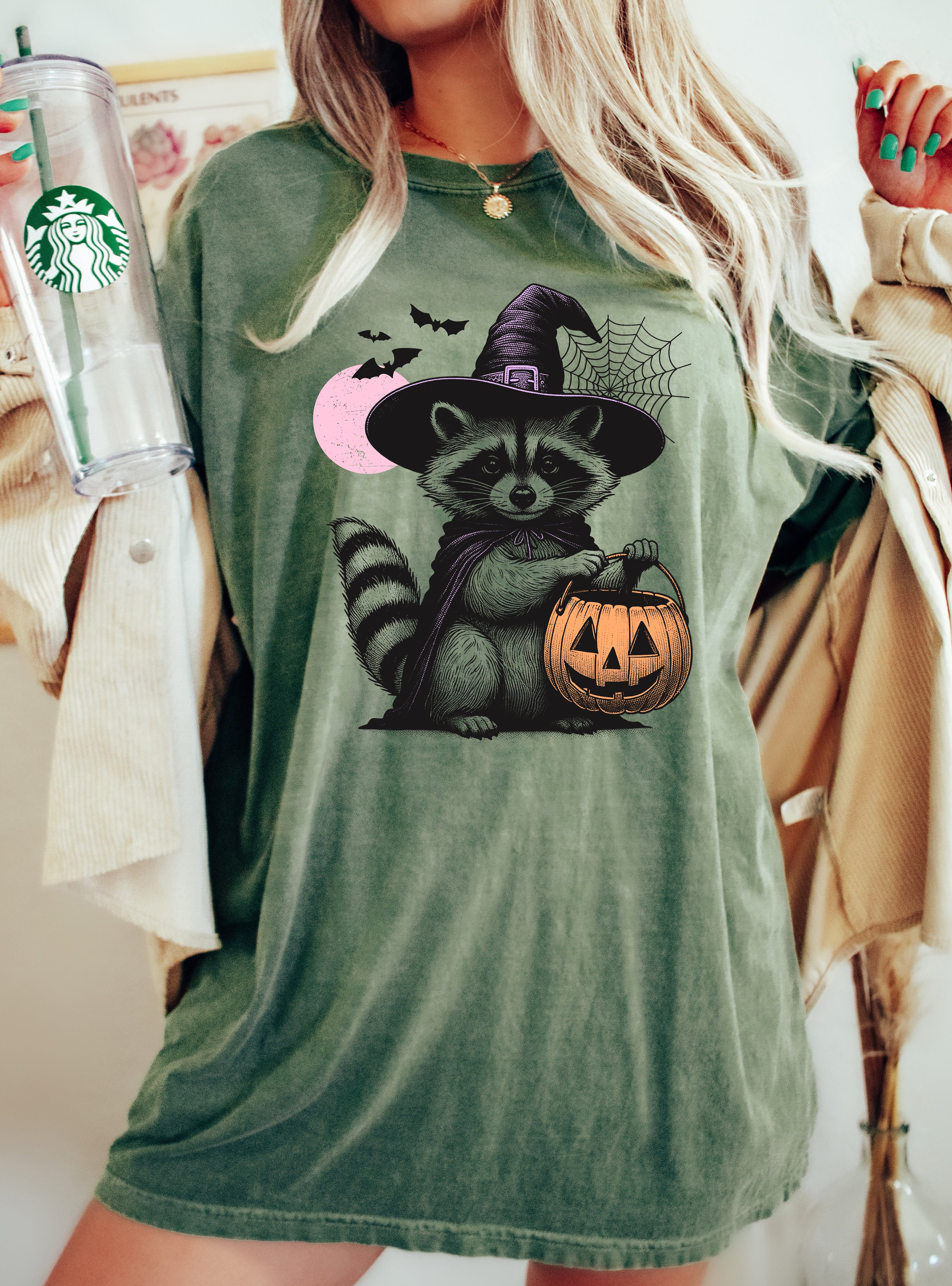 Raccoon Animal Lover Vintage Farm Ghost Western Witch Aesthetic Meme Halloween Costume Comfort Colors Tee