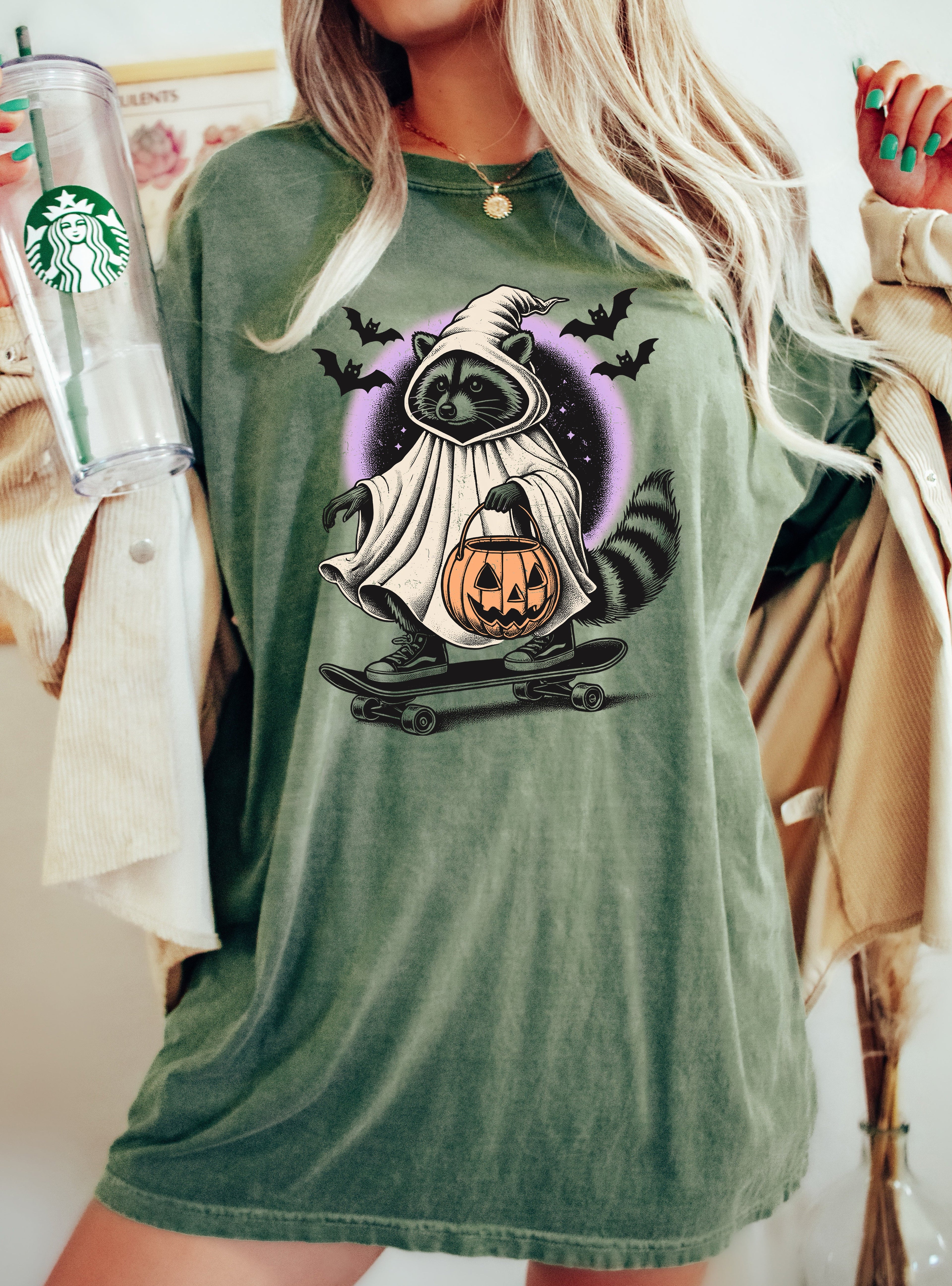 Raccoon Skateboard Animal Lover Vintage Farm Ghost Western Witch Halloween Comfort Colors Tee