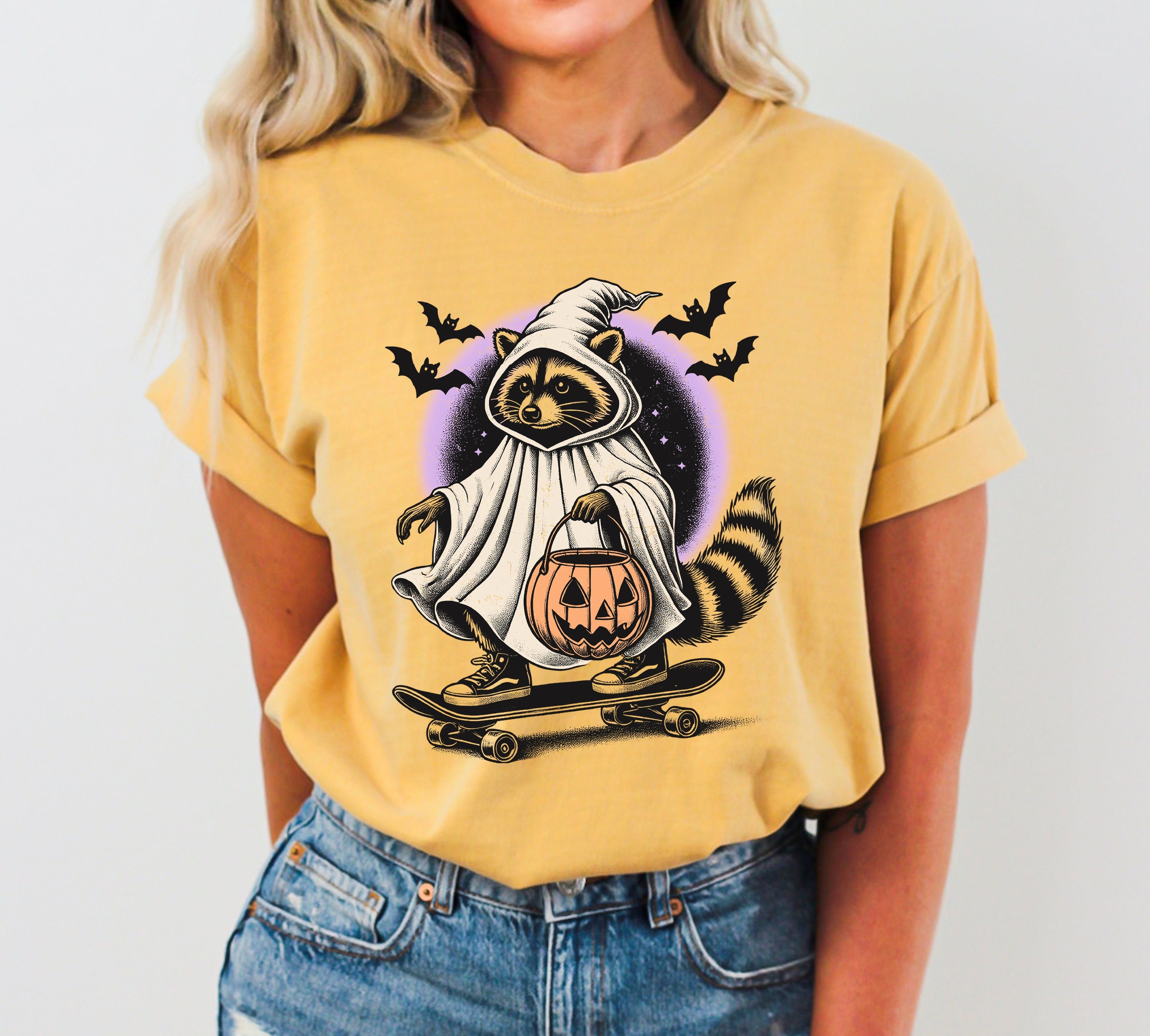 Raccoon Skateboard Animal Lover Vintage Farm Ghost Western Witch Halloween Comfort Colors Tee
