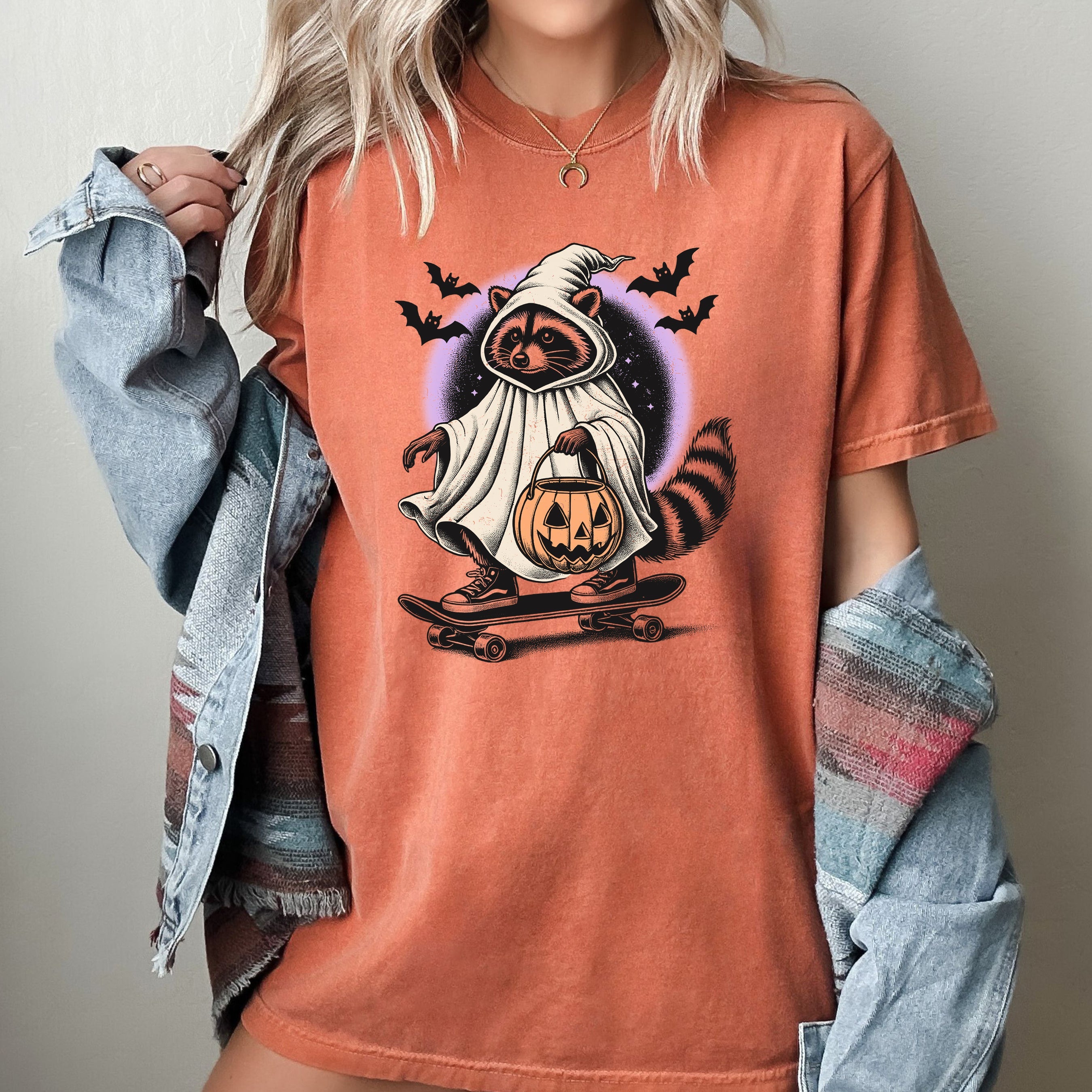 Raccoon Skateboard Animal Lover Vintage Farm Ghost Western Witch Halloween Comfort Colors Tee