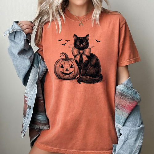Black Cat Pumpkin Animal Lover Vintage Ghost Western Witch Aesthetic Meme Halloween Costume Comfort Colors Tee