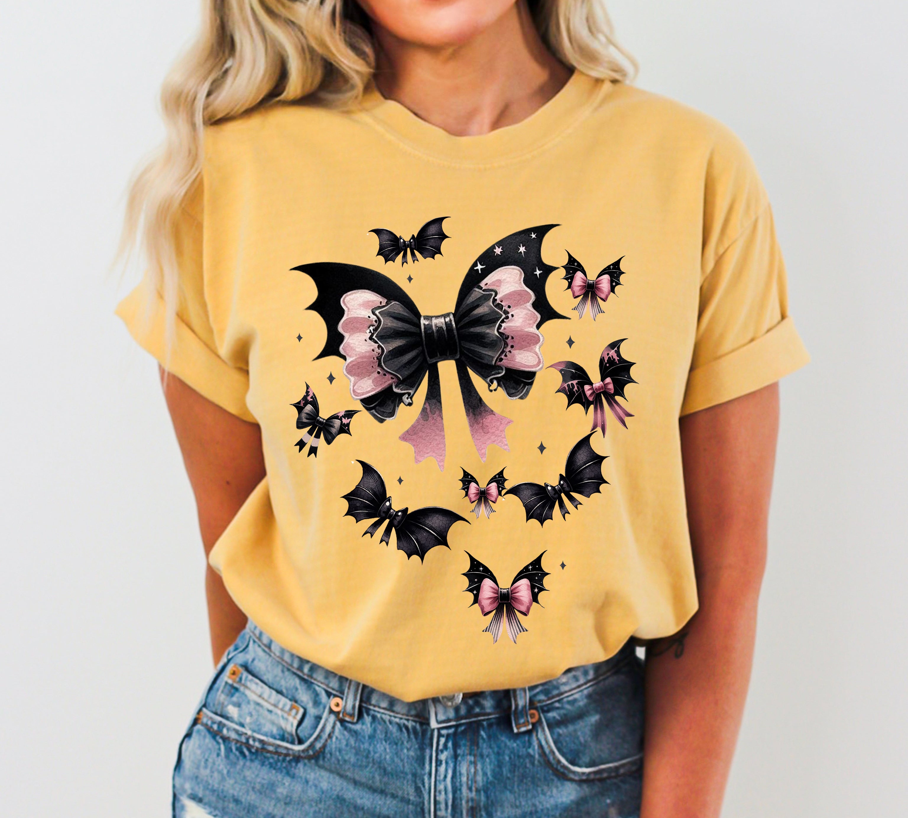 Flying Bats Bow Ribbon Ghost Vintage Western Witch Aesthetic Meme Halloween Costume Comfort Colors Tee