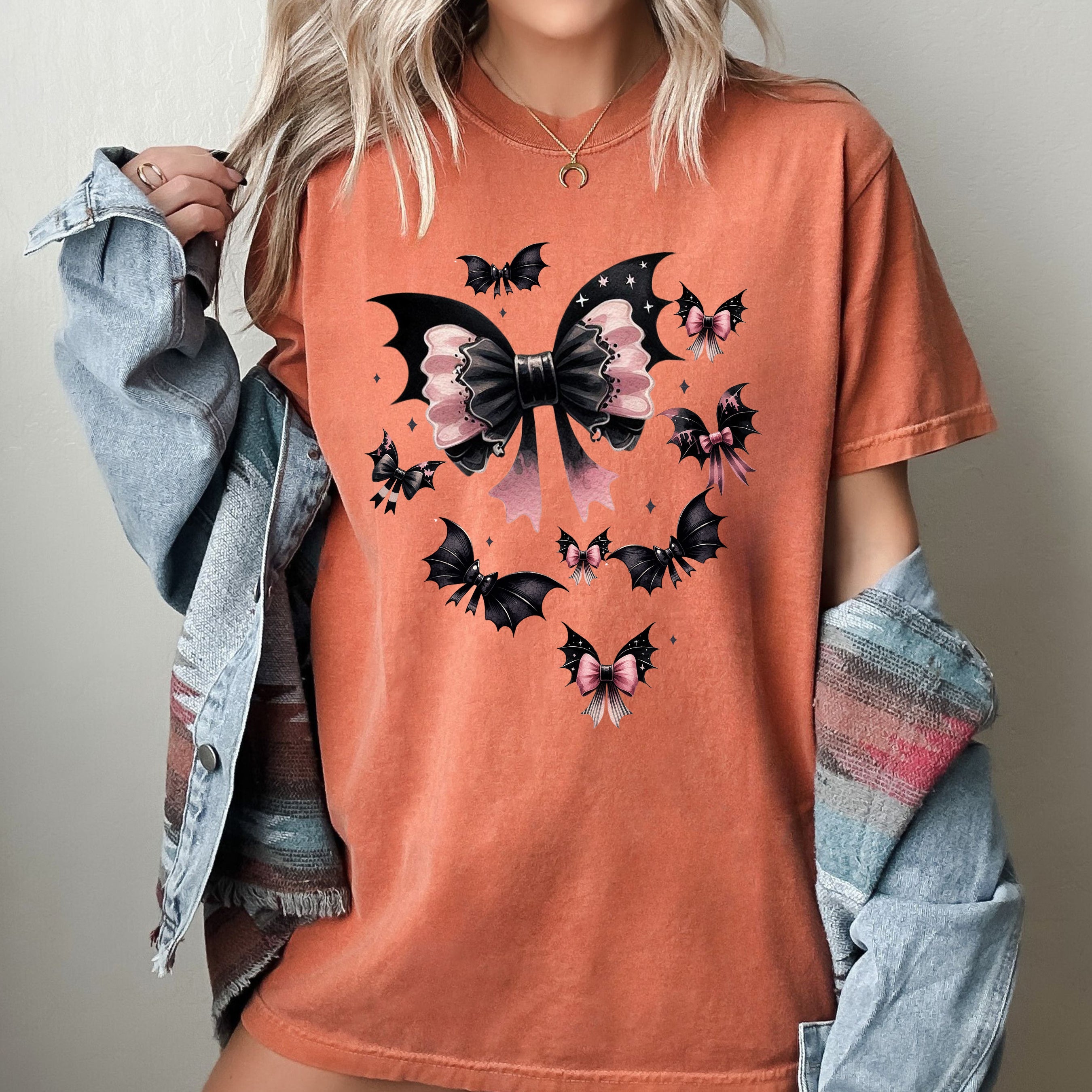Flying Bats Bow Ribbon Ghost Vintage Western Witch Aesthetic Meme Halloween Costume Comfort Colors Tee