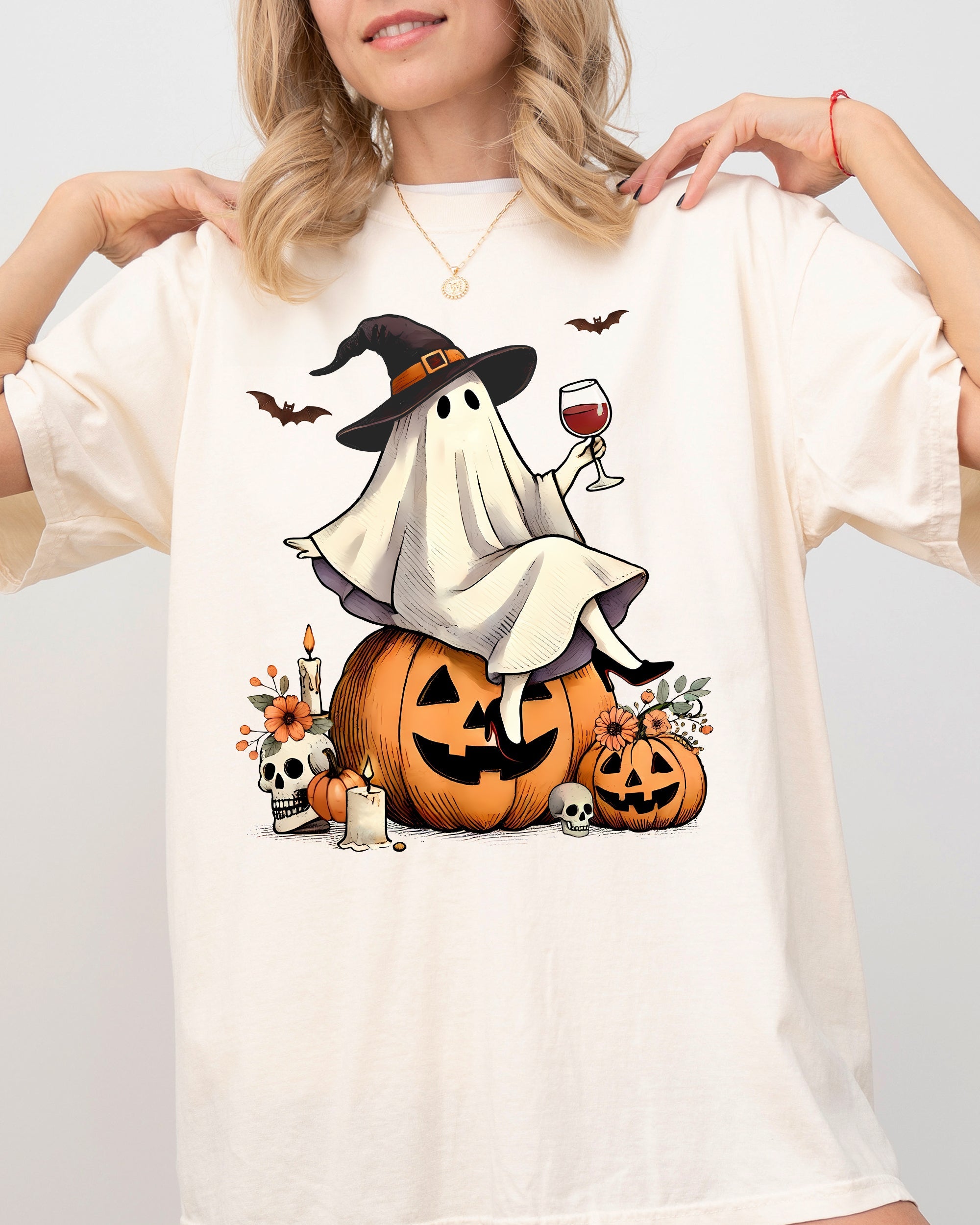 Ghost On Pumpkin Wine Western Witch Meme Halloween Costume Graphic Comfort Colors Tee