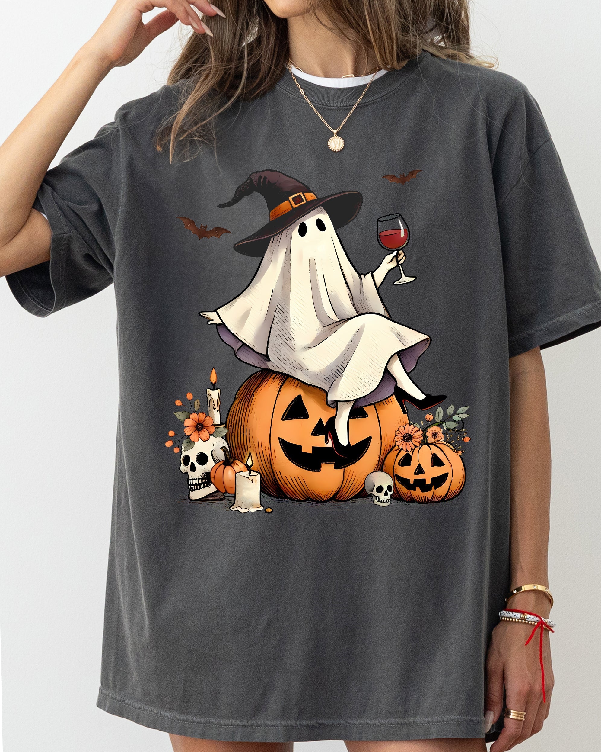 Ghost On Pumpkin Wine Western Witch Meme Halloween Costume Graphic Comfort Colors Tee