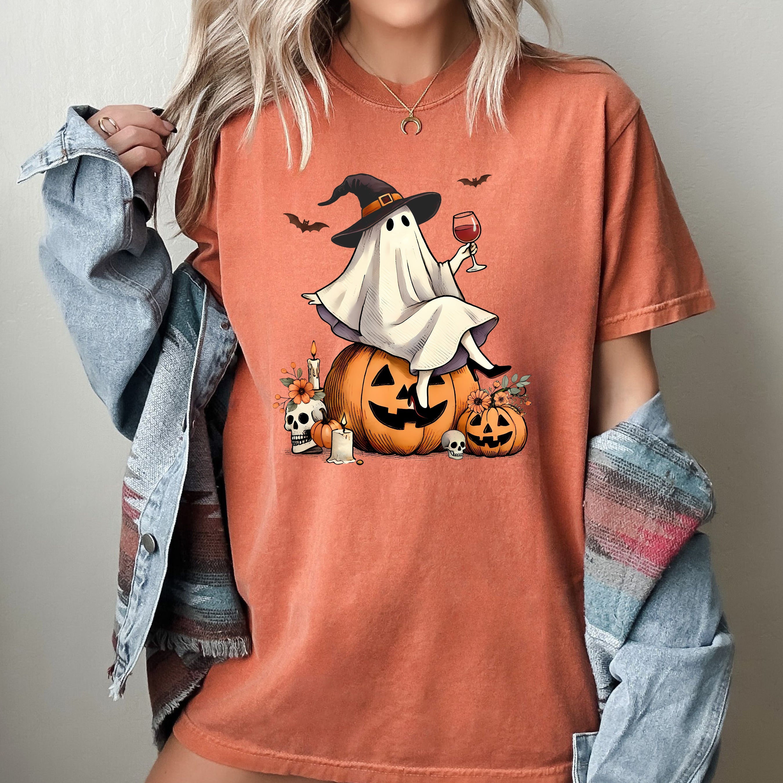 Ghost On Pumpkin Wine Western Witch Meme Halloween Costume Graphic Comfort Colors Tee
