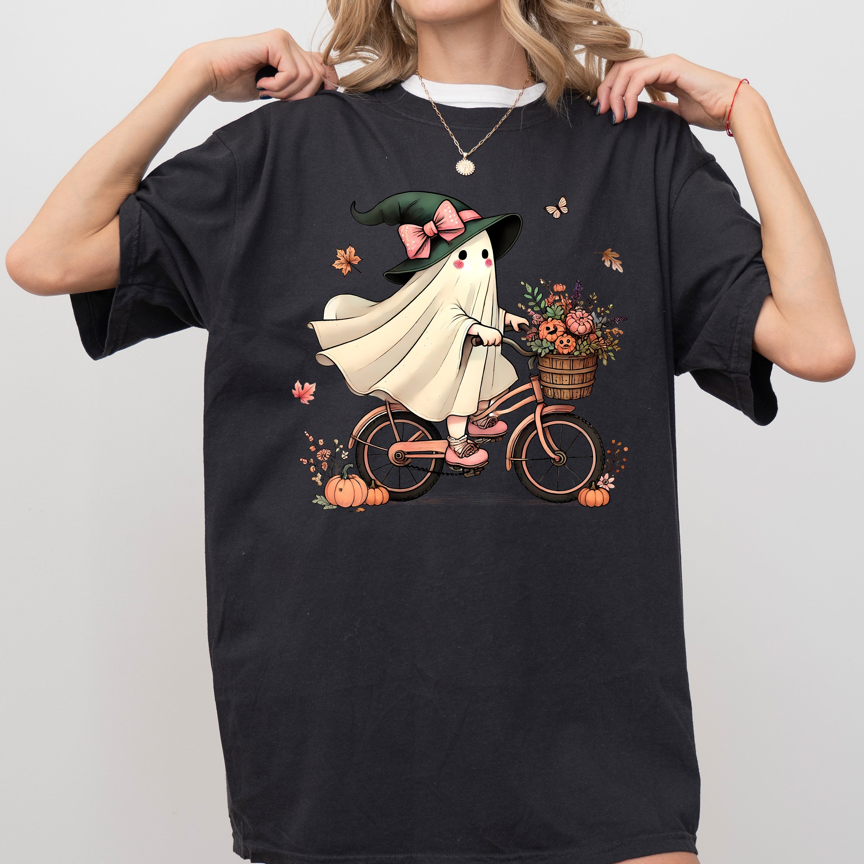 Ghost Bicycle Skeleton Western Witch Meme Halloween Vintage Gothic Comfort Colors Tee