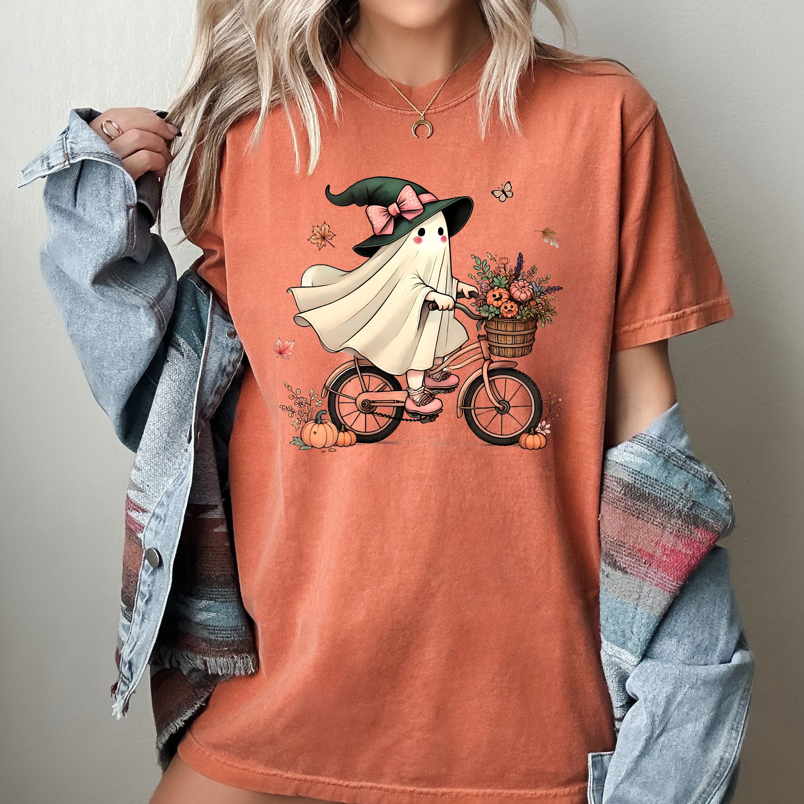 Ghost Bicycle Skeleton Western Witch Meme Halloween Vintage Gothic Comfort Colors Tee