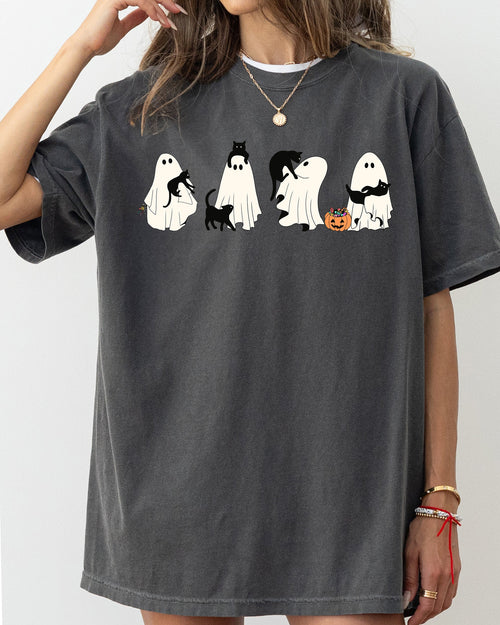Black Cat Ghost Skeleton Western Witch Vintage Halloween Old West Comfort Colors Tee
