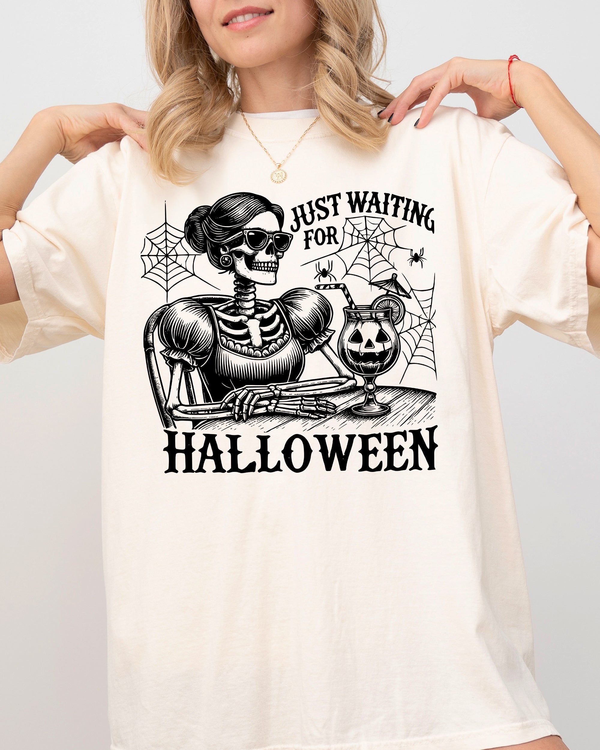 Just Waiting For Halloween Skeleton Lady Vintage Western Witch Meme Comfort Colors Tee