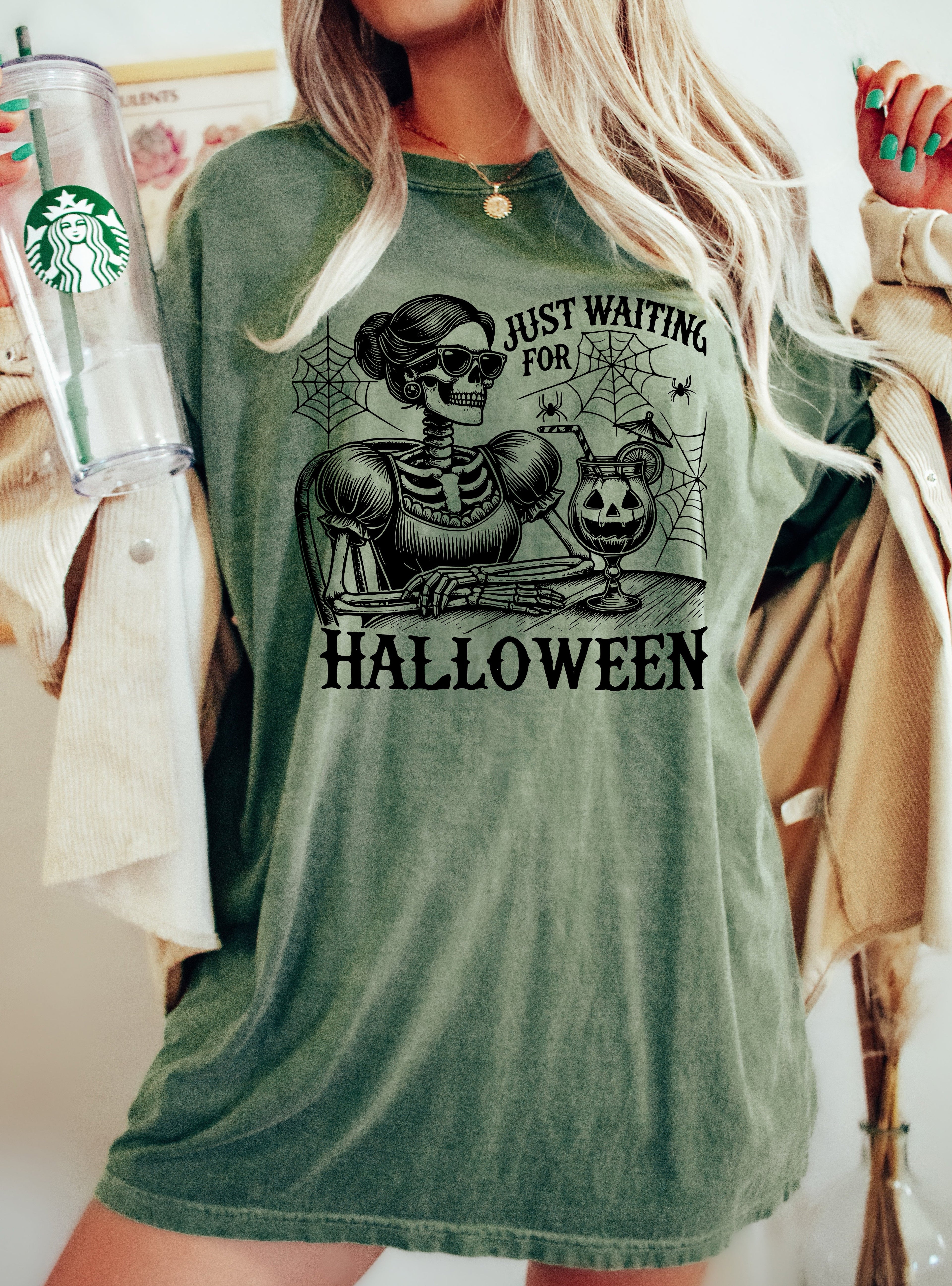 Just Waiting For Halloween Skeleton Lady Vintage Western Witch Meme Comfort Colors Tee