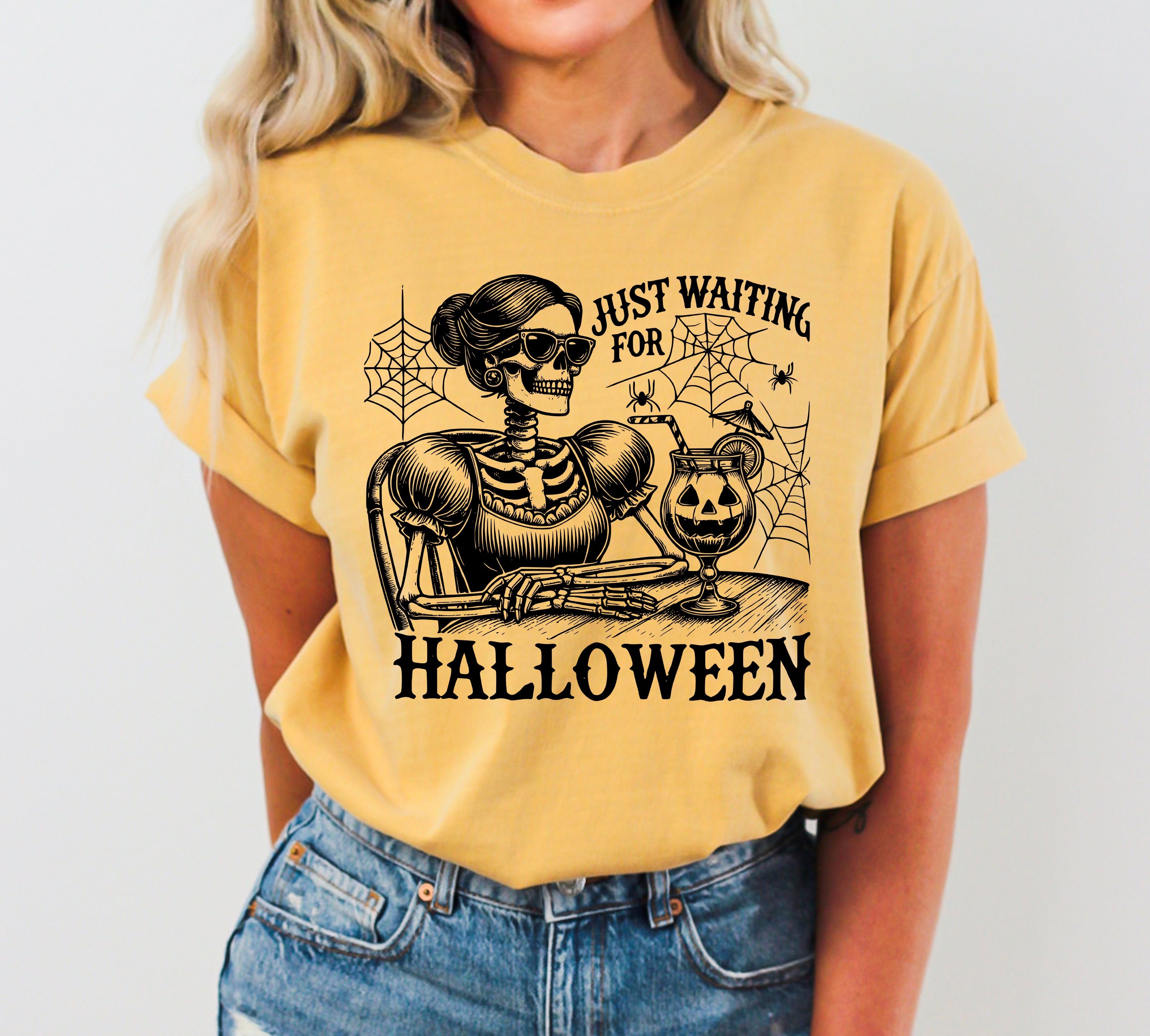 Just Waiting For Halloween Skeleton Lady Vintage Western Witch Meme Comfort Colors Tee
