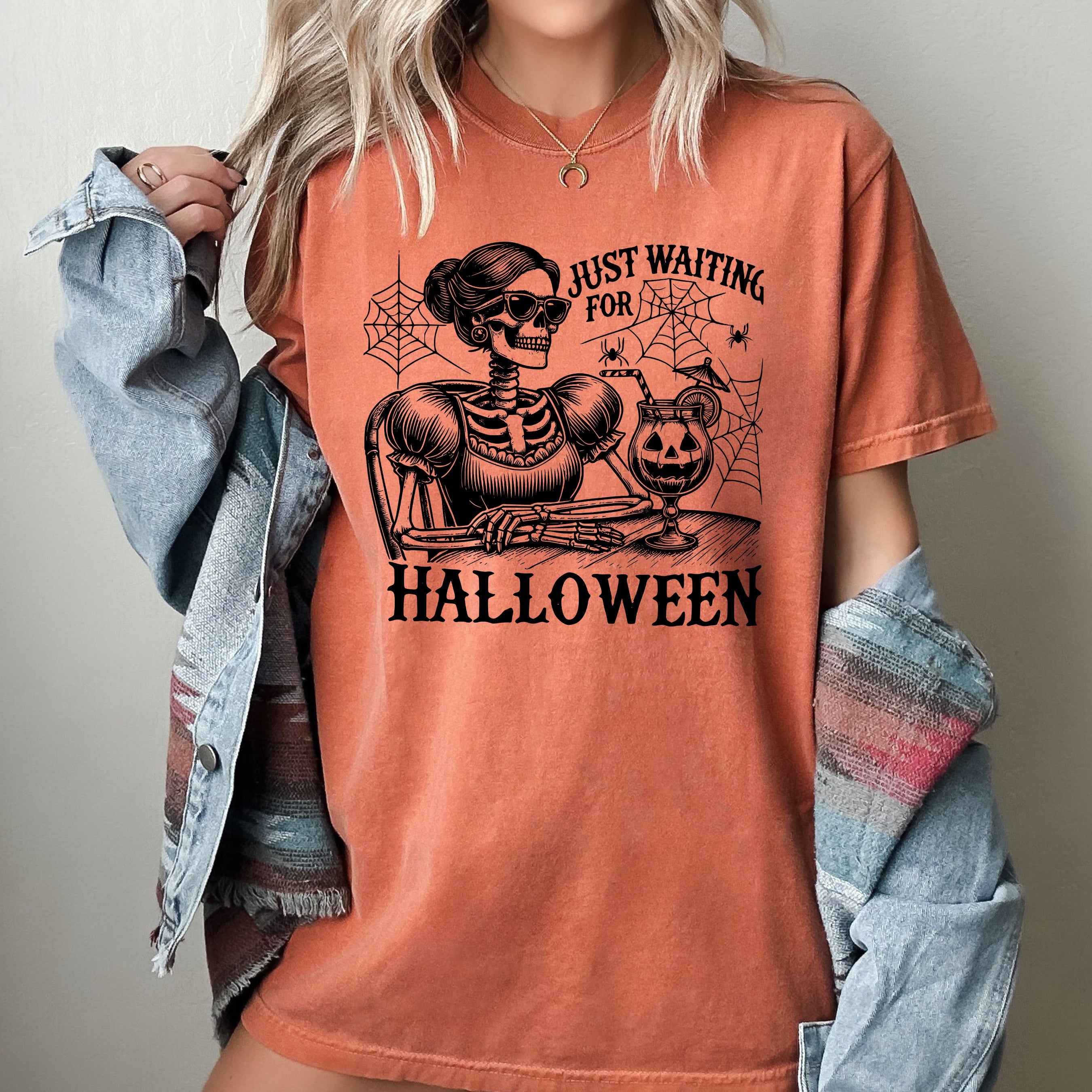 Just Waiting For Halloween Skeleton Lady Vintage Western Witch Meme Comfort Colors Tee