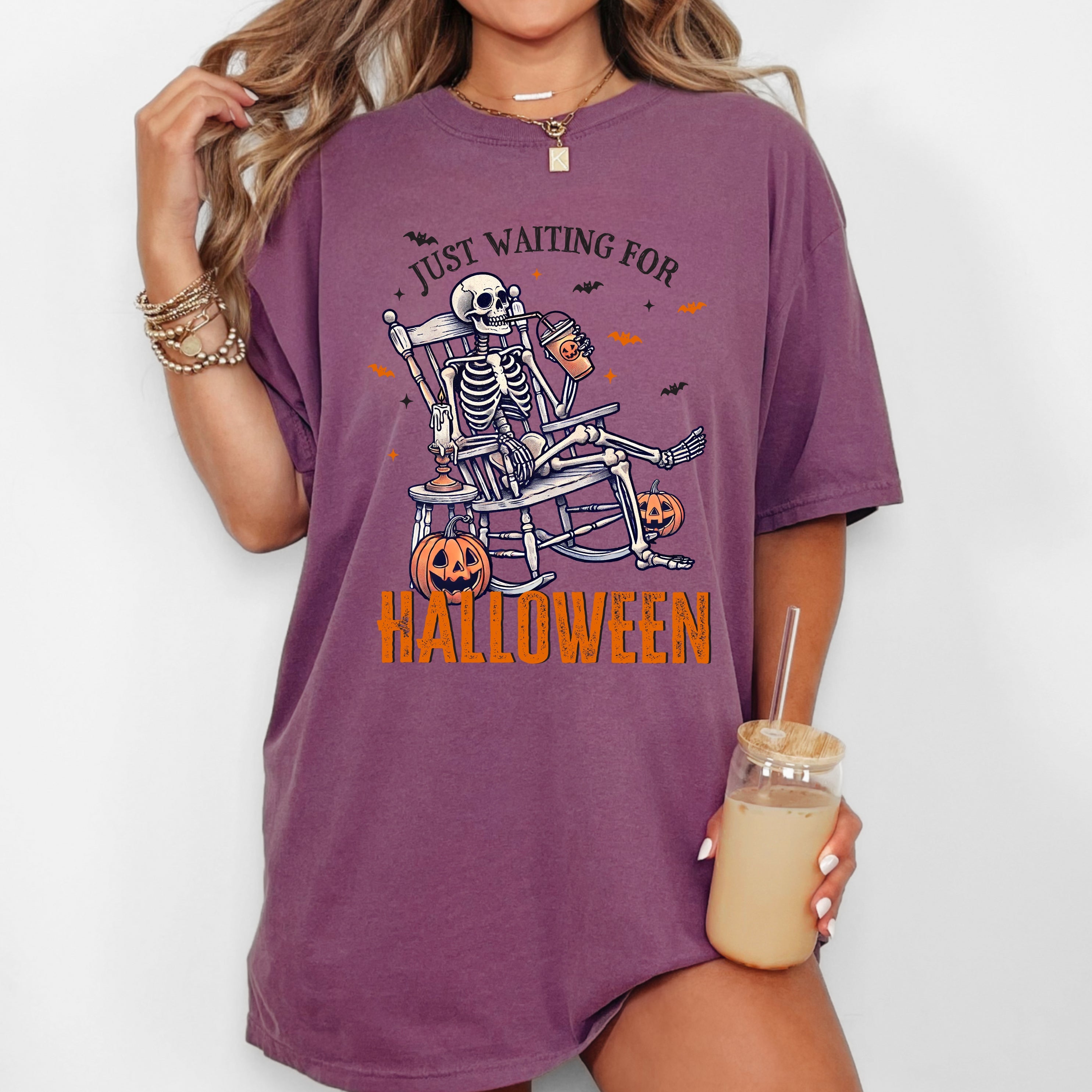 Just Waiting For Halloween Skeleton Vintage Western Witch Meme Costume Comfort Colors Tee