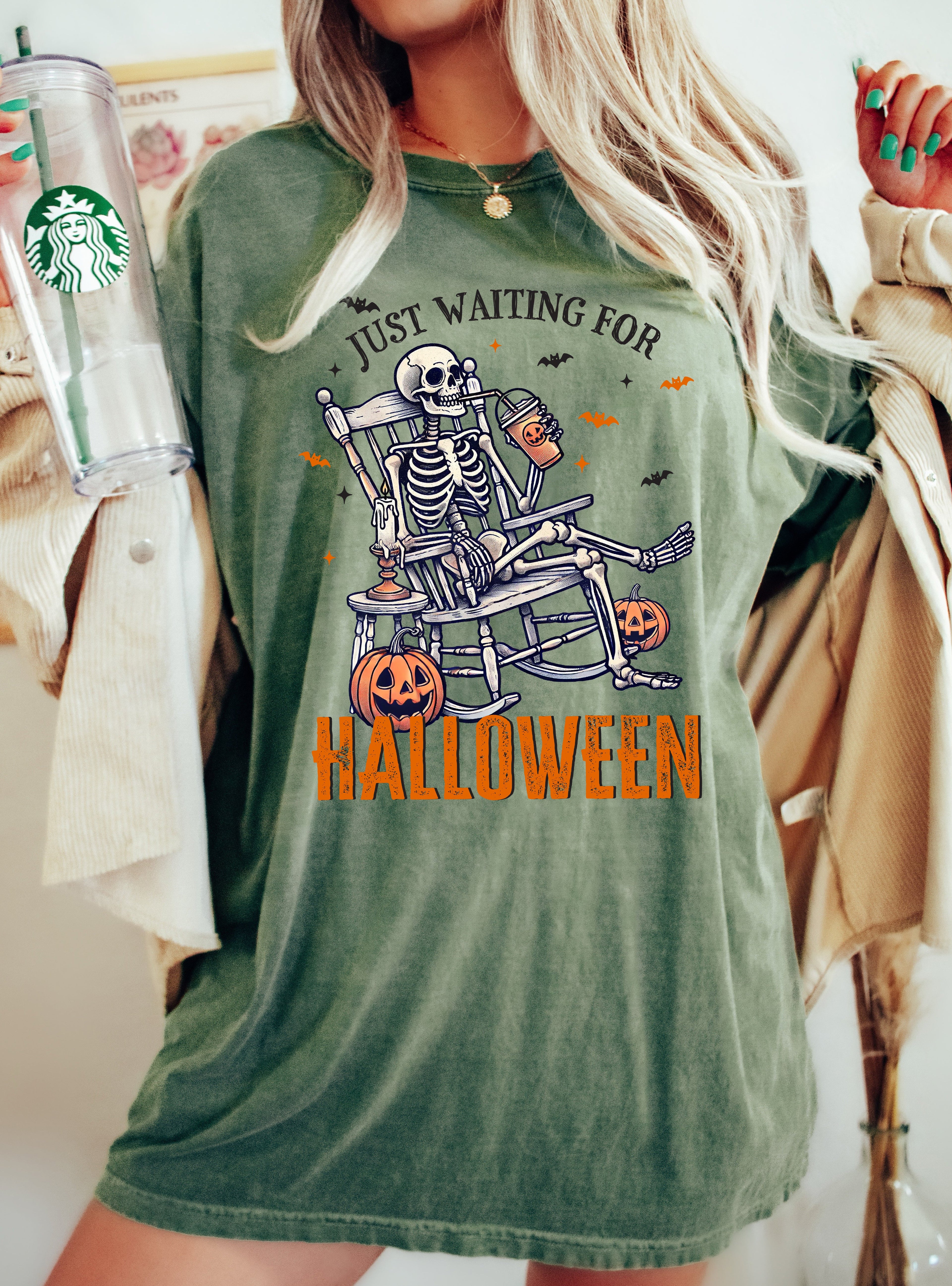 Just Waiting For Halloween Skeleton Vintage Western Witch Meme Costume Comfort Colors Tee