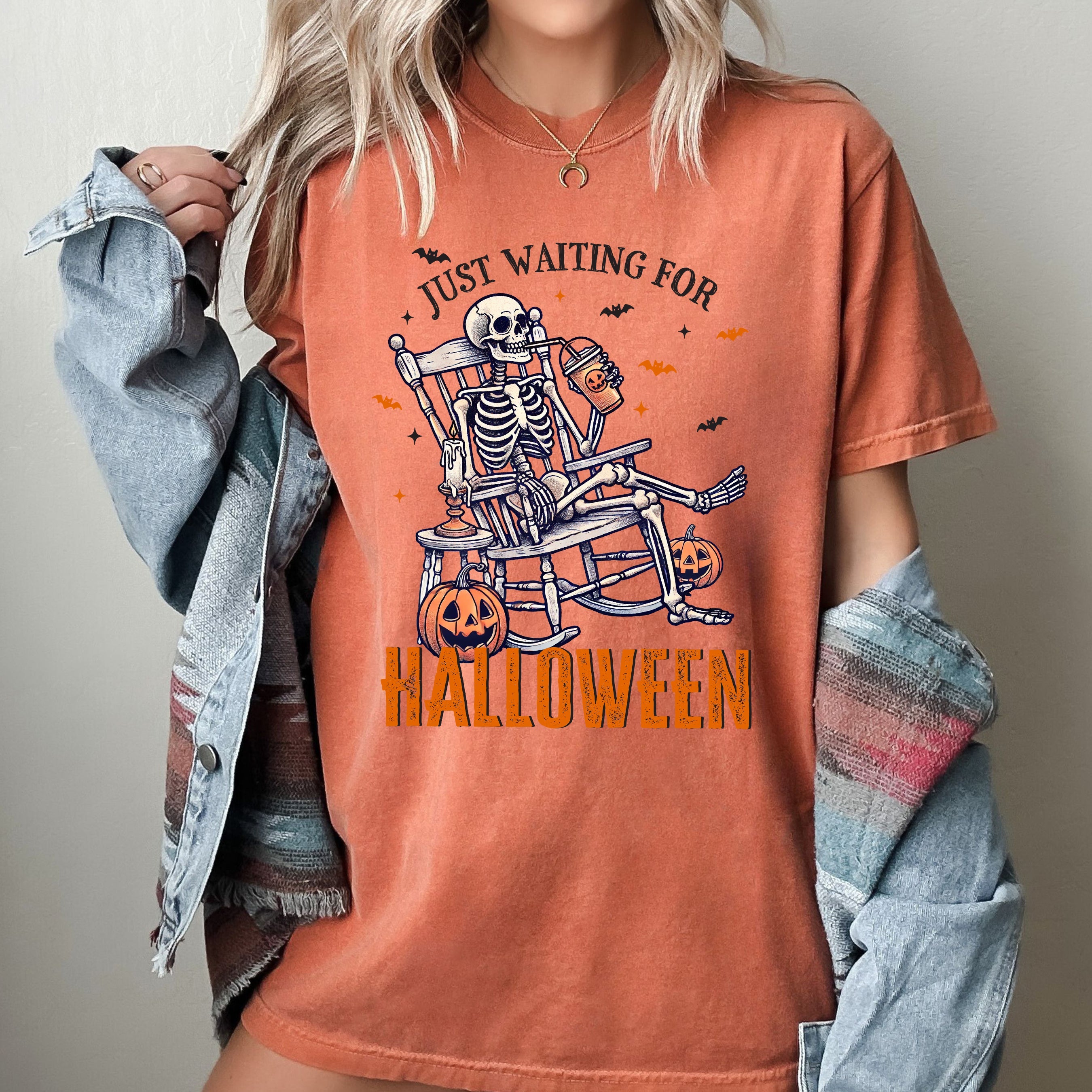 Just Waiting For Halloween Skeleton Vintage Western Witch Meme Costume Comfort Colors Tee