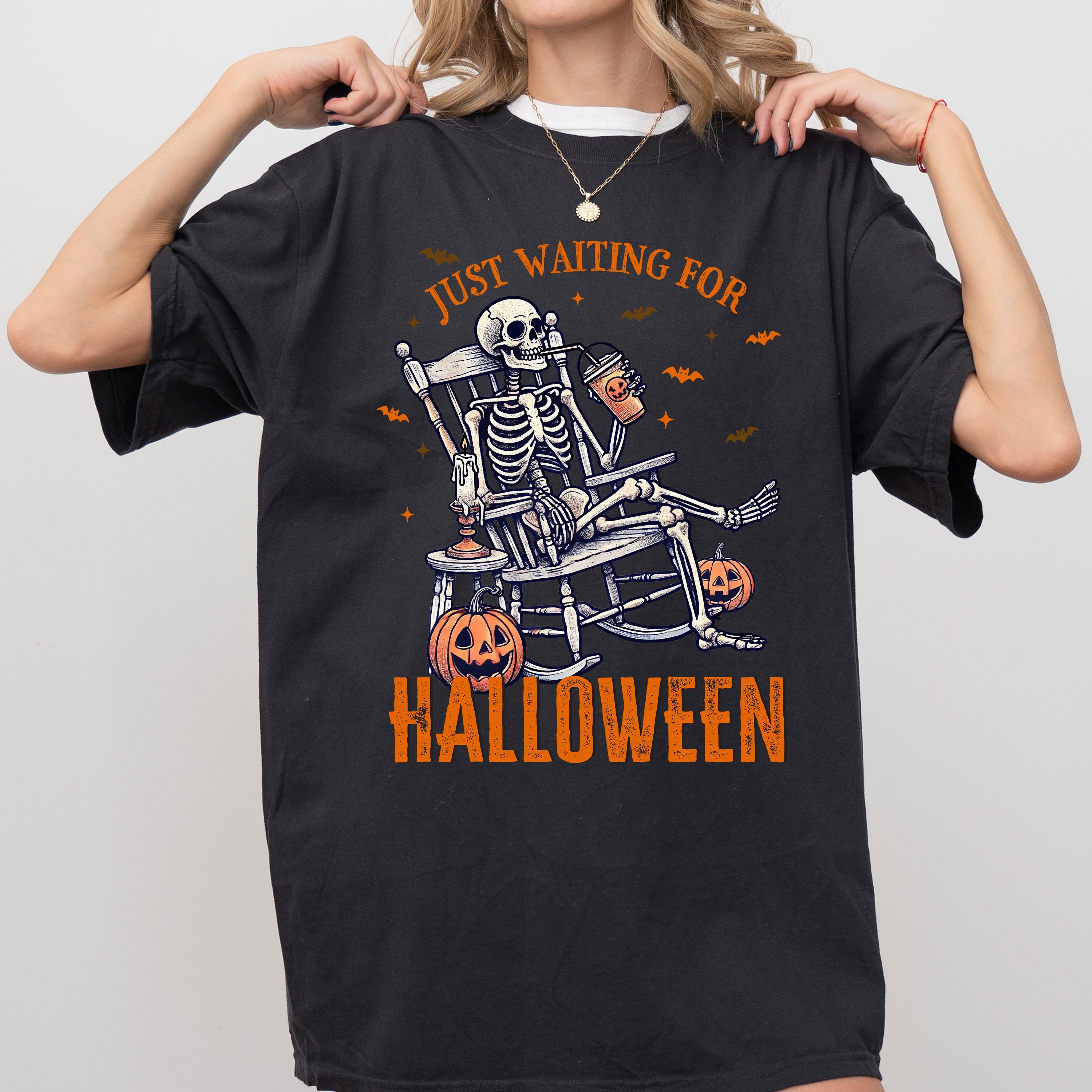 Just Waiting For Halloween Skeleton Vintage Western Witch Meme Costume Comfort Colors Tee