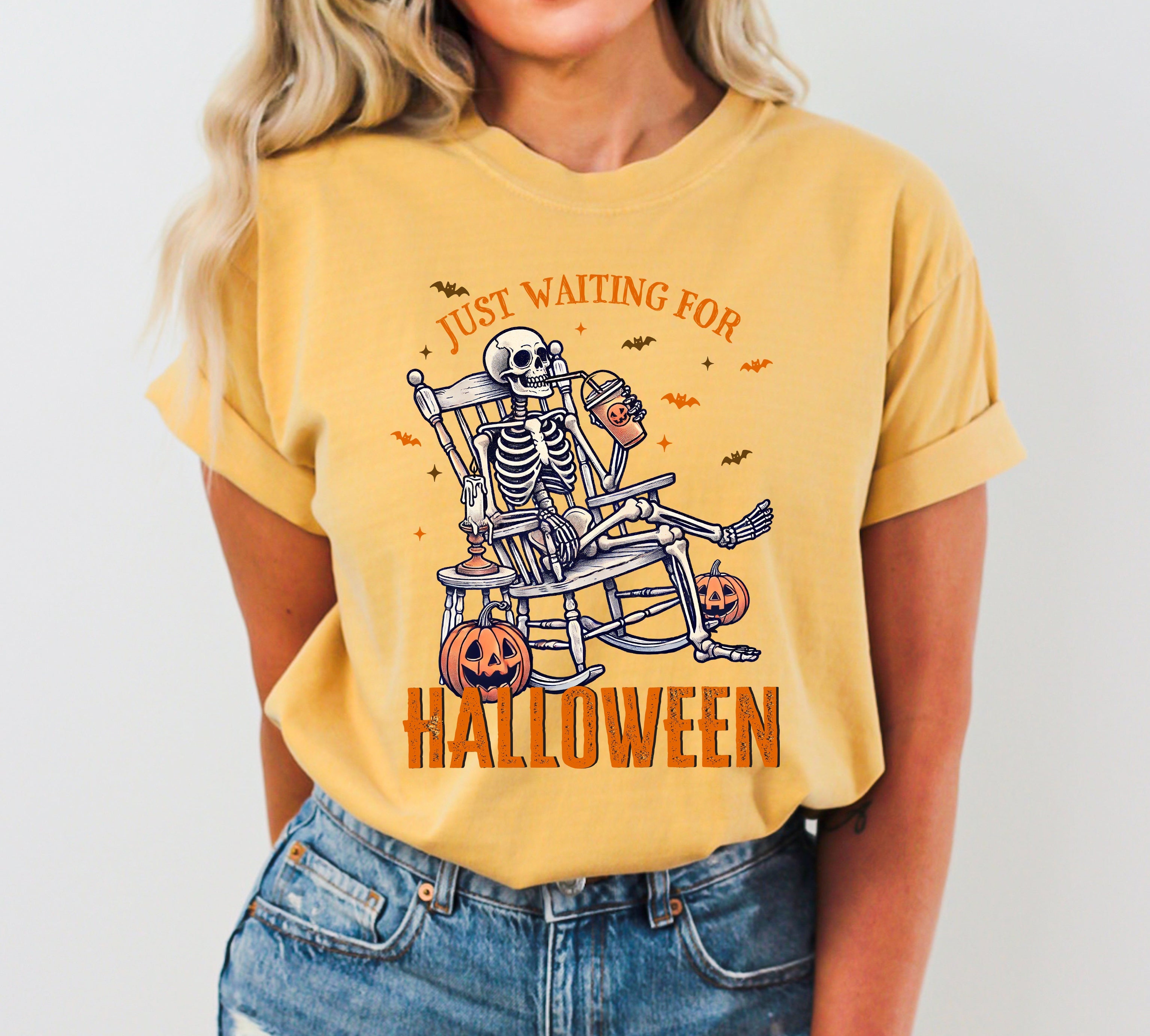 Just Waiting For Halloween Skeleton Vintage Western Witch Meme Costume Comfort Colors Tee