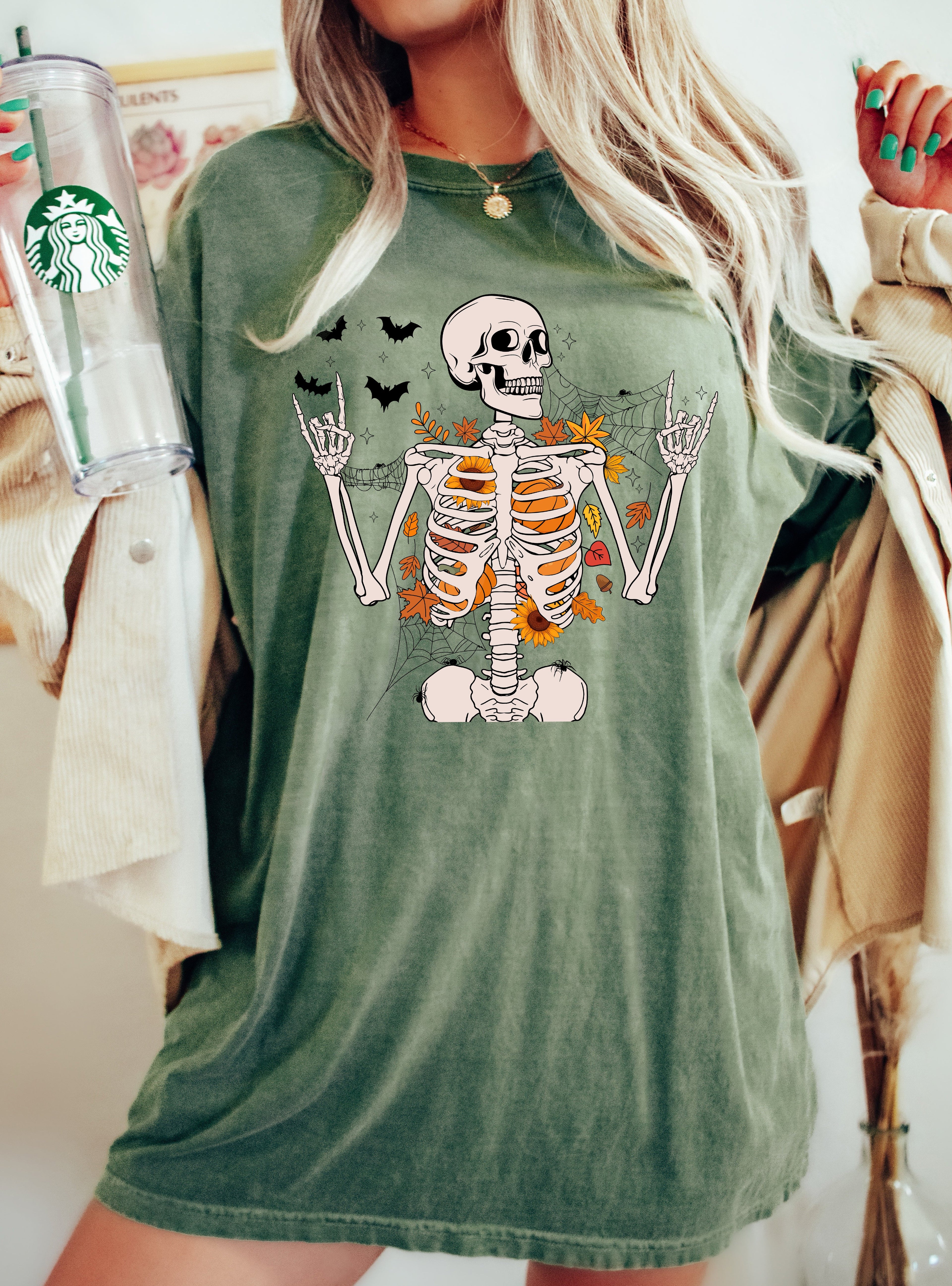 Funny Skeleton Flowers Rock Western Witch Halloween Meme Graphic Comfort Colors Tee