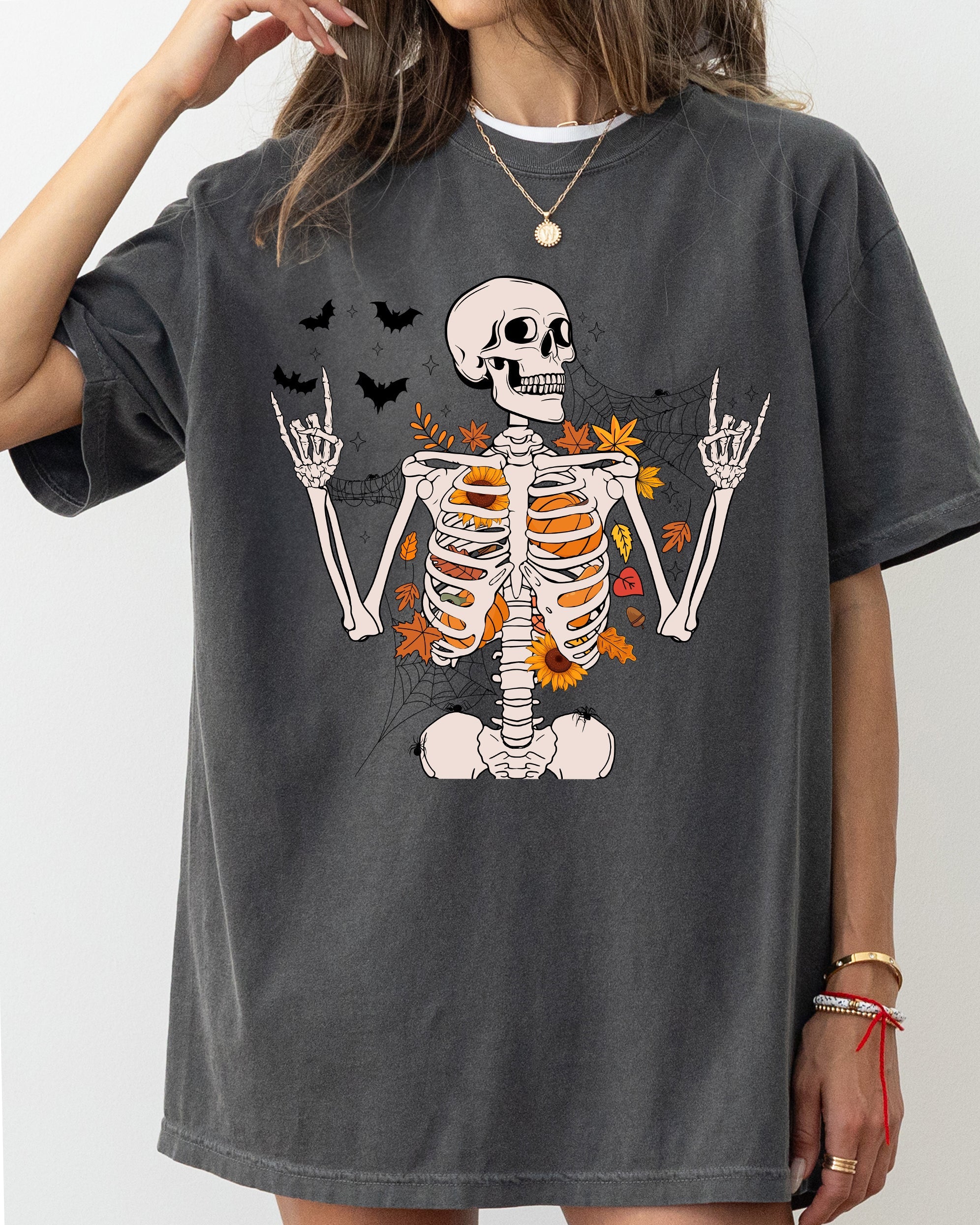 Funny Skeleton Flowers Rock Western Witch Halloween Meme Graphic Comfort Colors Tee