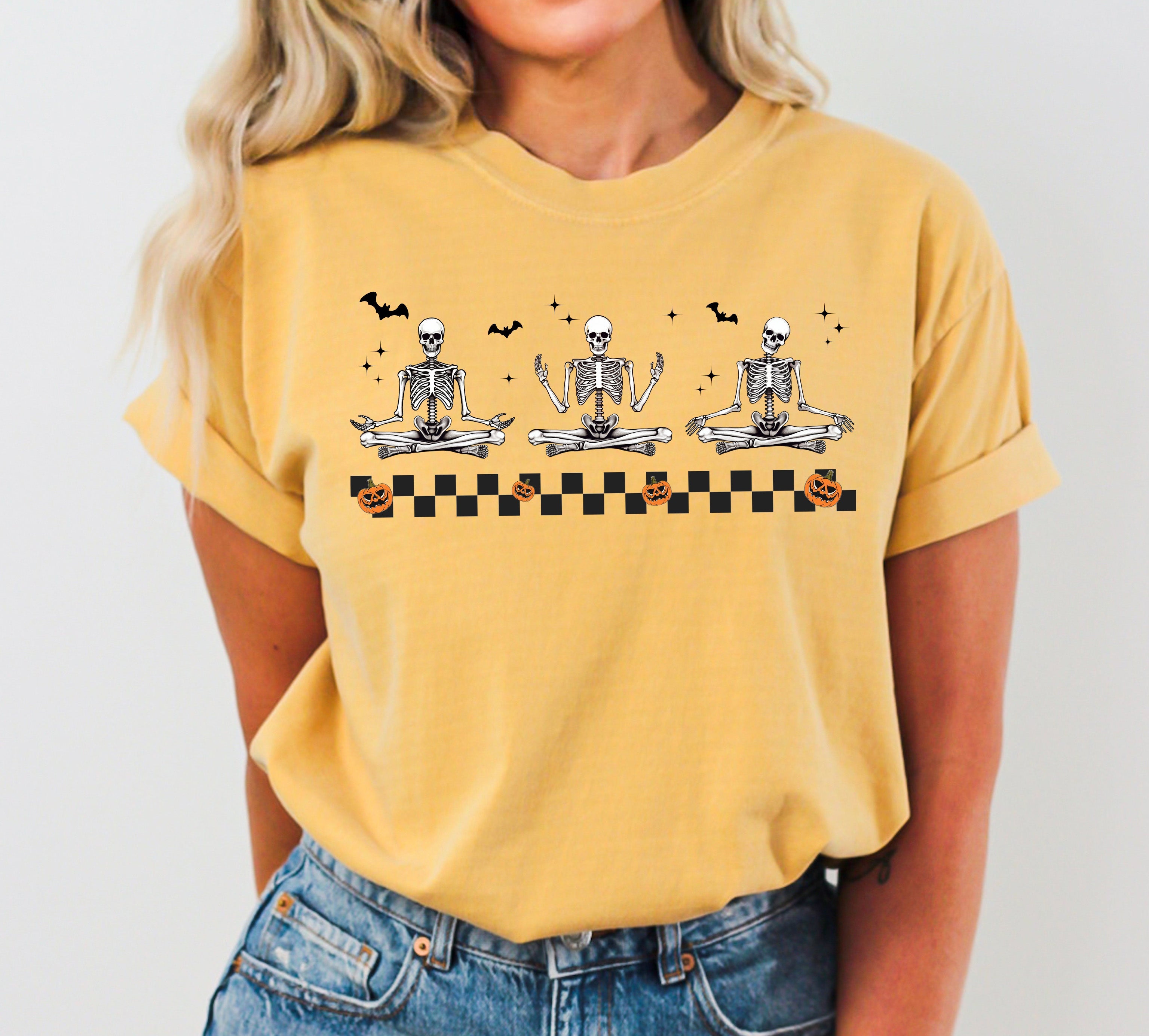 Meditating Skeletons Yoga Western Witch Meme Halloween Vintage Costume Comfort Colors Tee