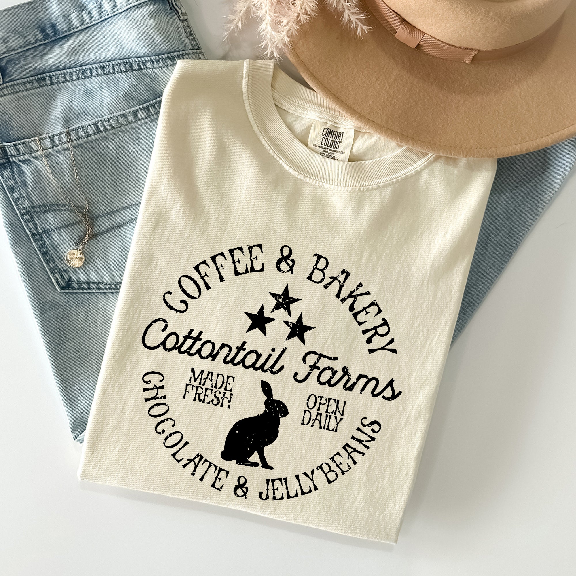 Cottontail Farms Coffee And Bakery Retro Sign Easter Classic Vintage Comfort Colors Tee
