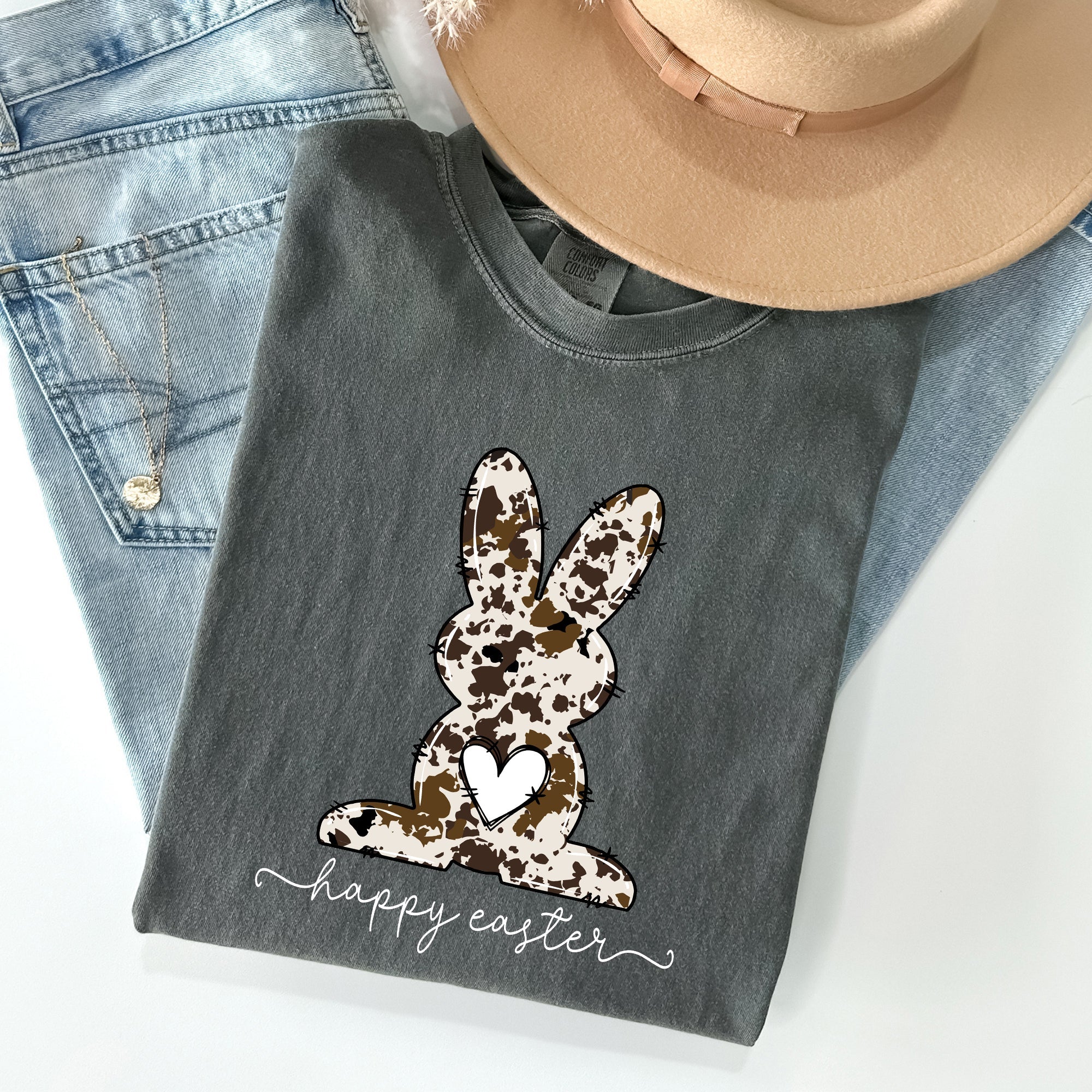 Easter Bunny, Happy Easter Rabbit, Cow Print Vintage Inspired Comfort Colors Tee
