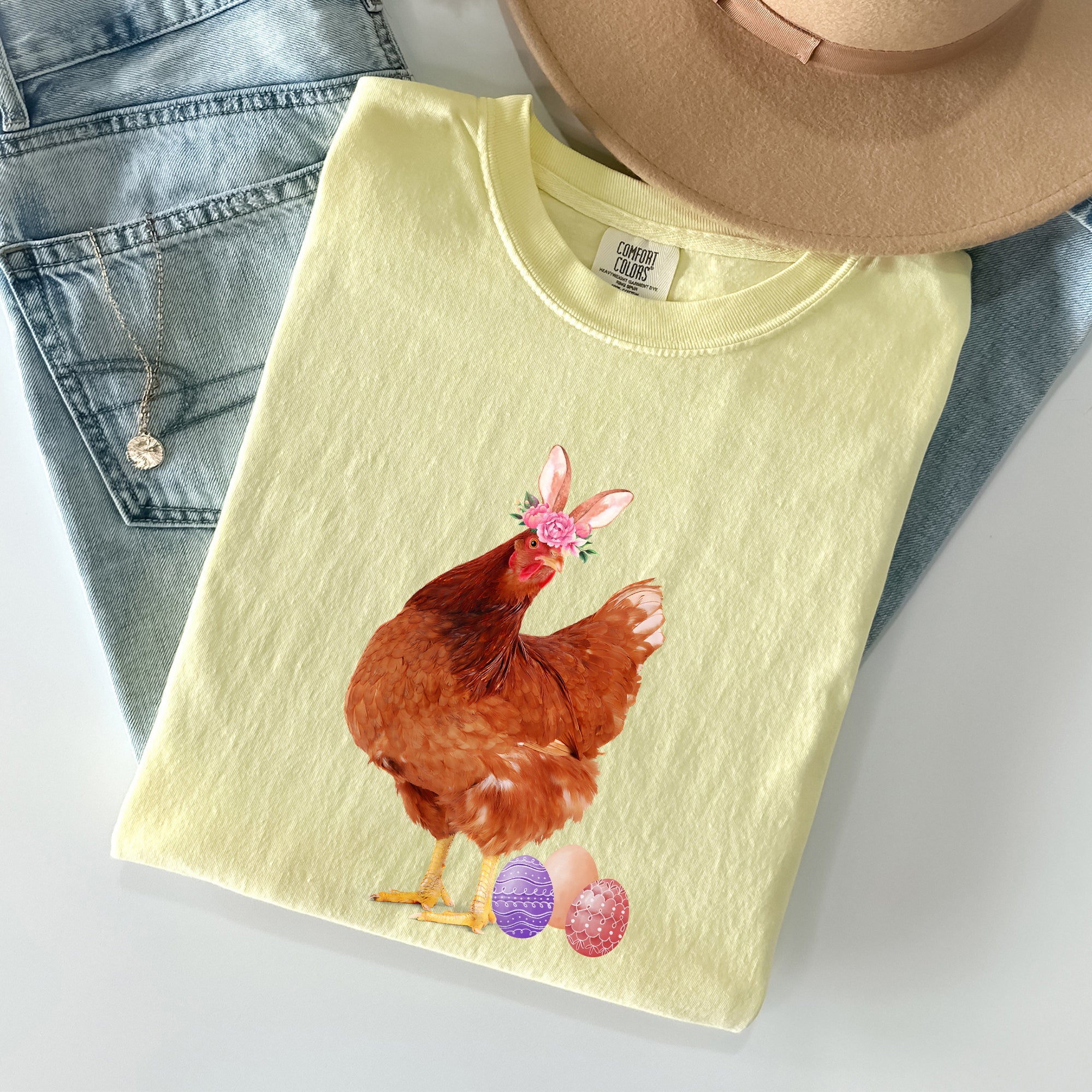 Easter Chicken Rabbit Eggs Funny Vintage Retro Illustration Playful Comfort Colors Tee