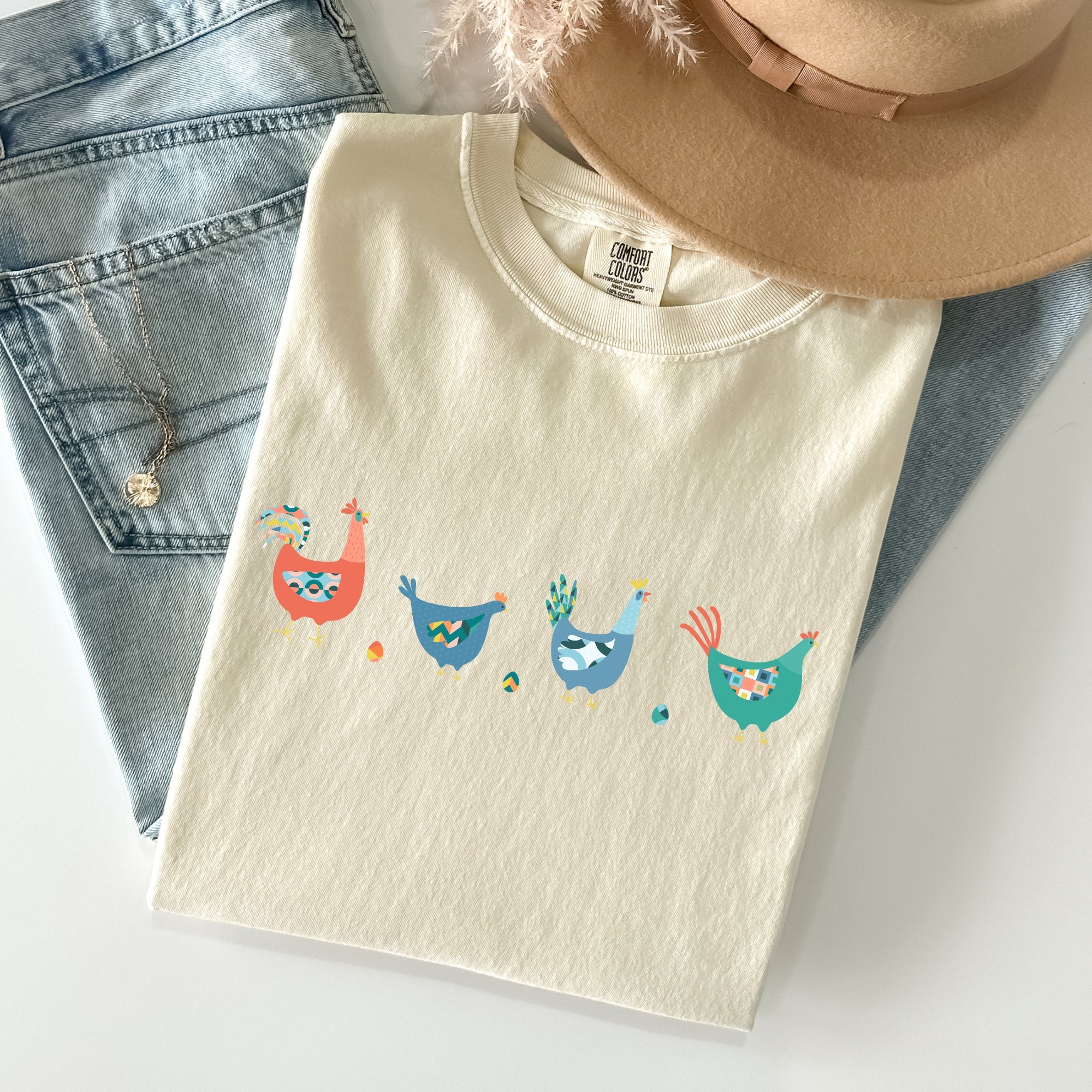 Easter Chickens and Eggs Springtime Vintage Colorful Theme Seasonal Comfort Colors Tee