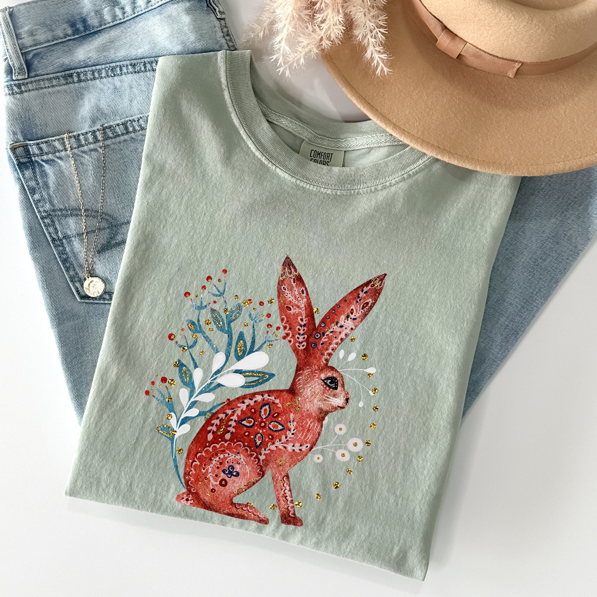 Folk Art Rabbit Easter Scandinavian Vintage Nordic Illustration Comfort Colors Tee