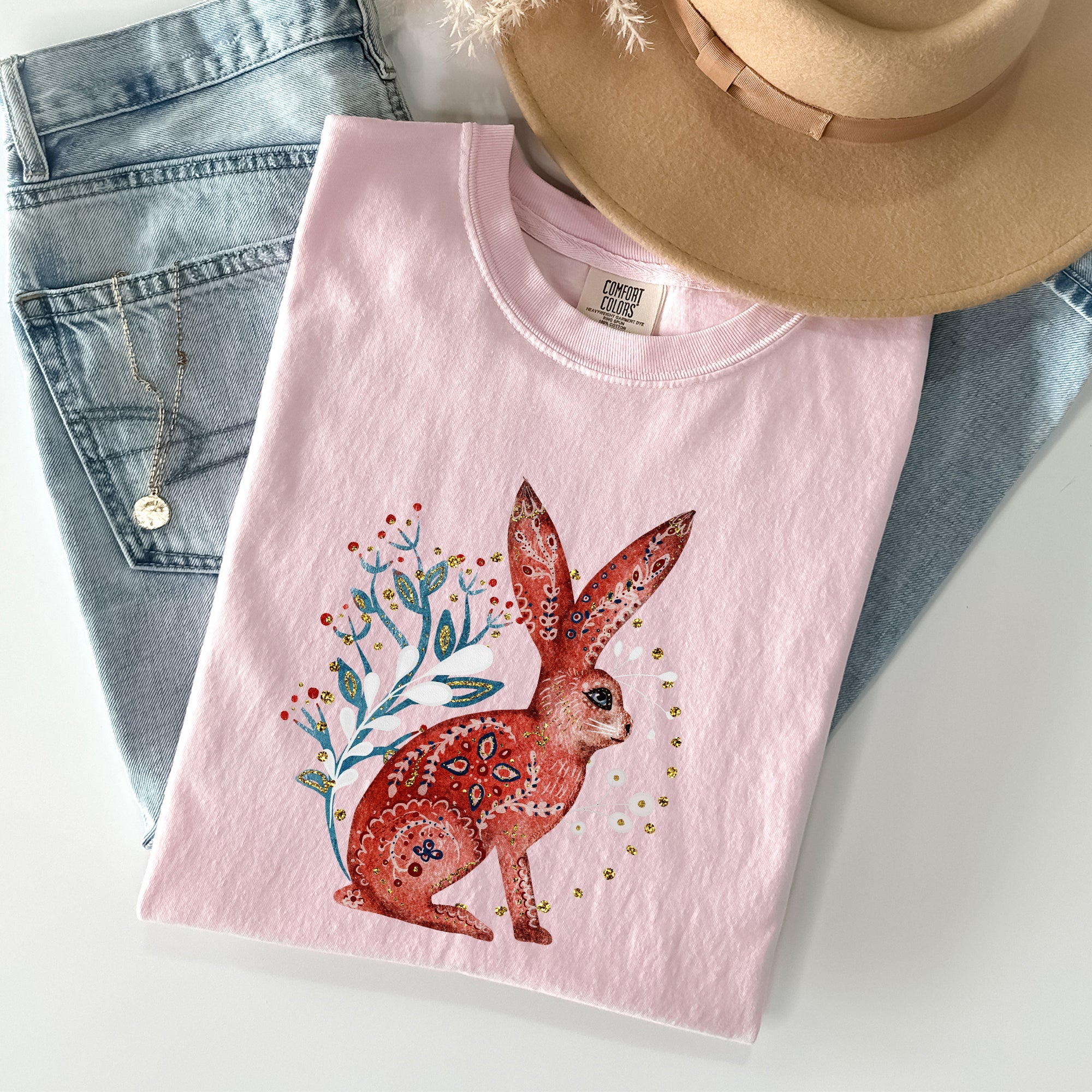 Folk Art Rabbit Easter Scandinavian Vintage Nordic Illustration Comfort Colors Tee