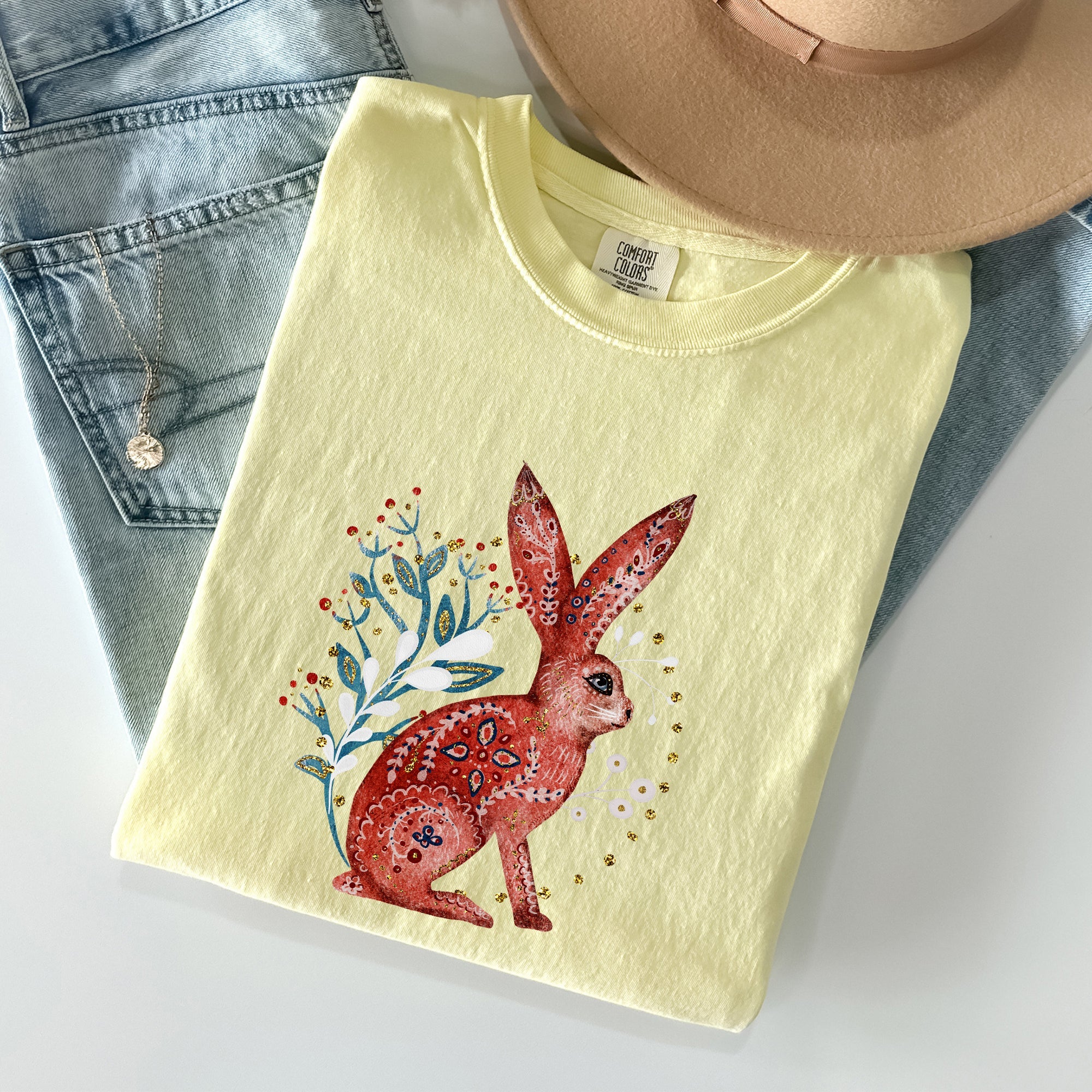Folk Art Rabbit Easter Scandinavian Vintage Nordic Illustration Comfort Colors Tee